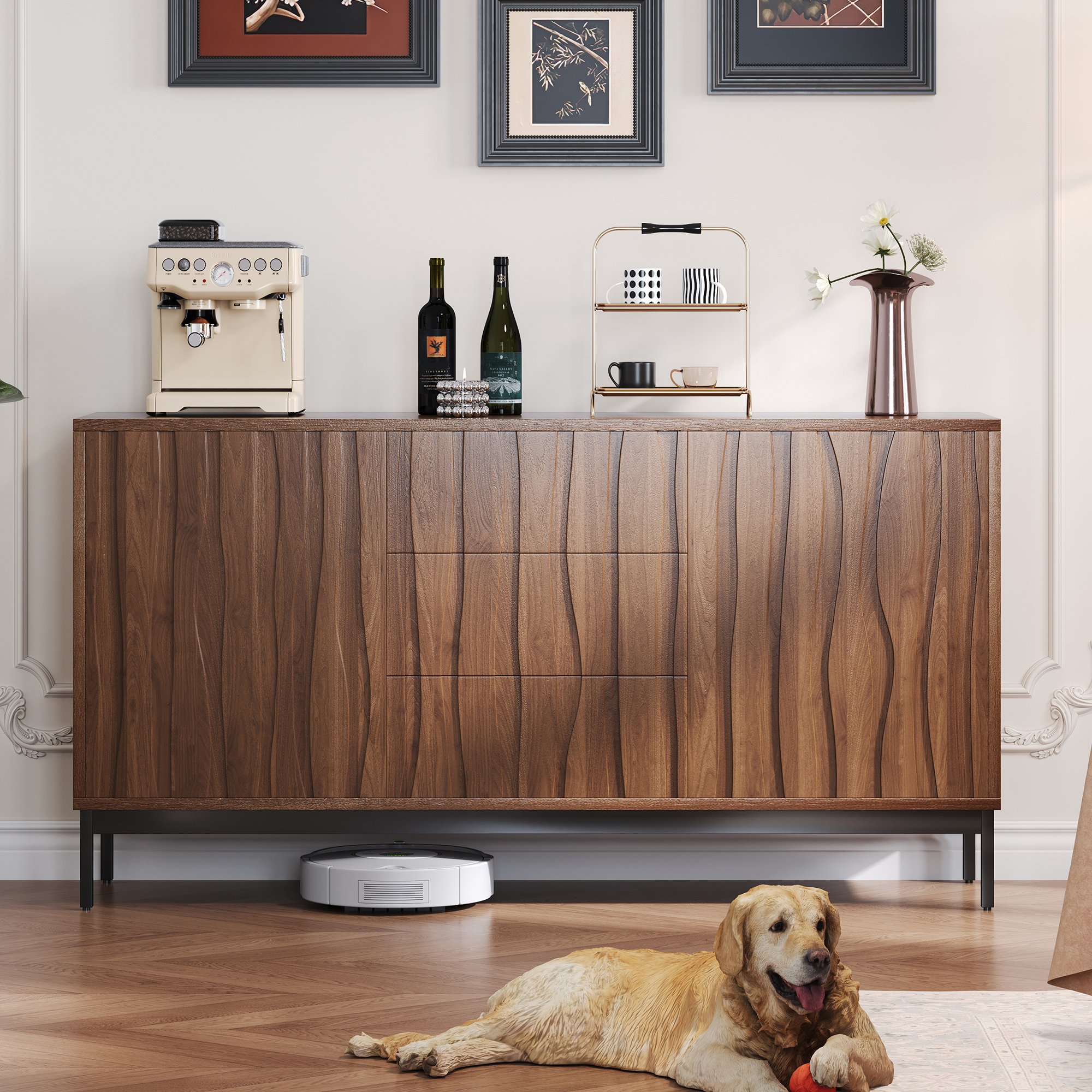 Buffet 150x80 cm Structure Panneau composite de fibres de bois à densité et PB Pieds Métal Noir 3 Tiroirs Silencieux Design Chêne Foncé Mid-Century Moderne