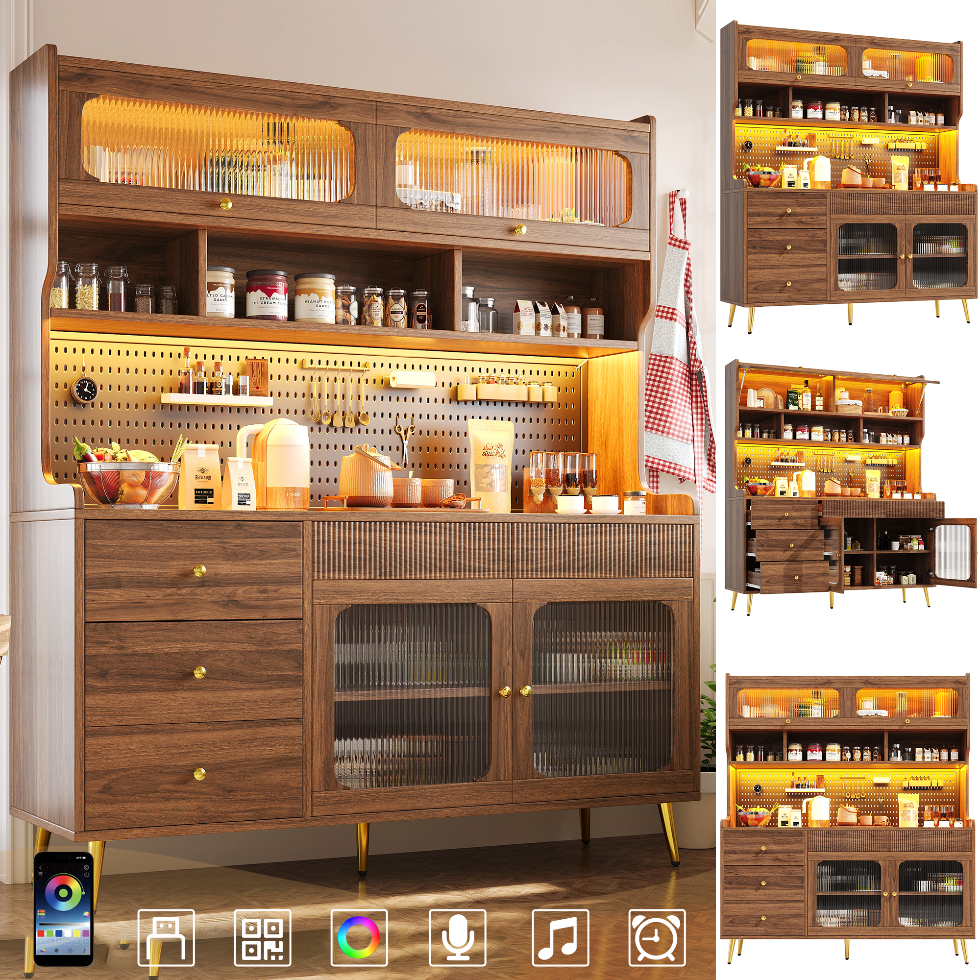 Buffet de cuisine haut 145x39x171 cm Panneau composite de fibres de bois à densité couleur noyer avec porte en verre cannelé et éclairage LED intégré