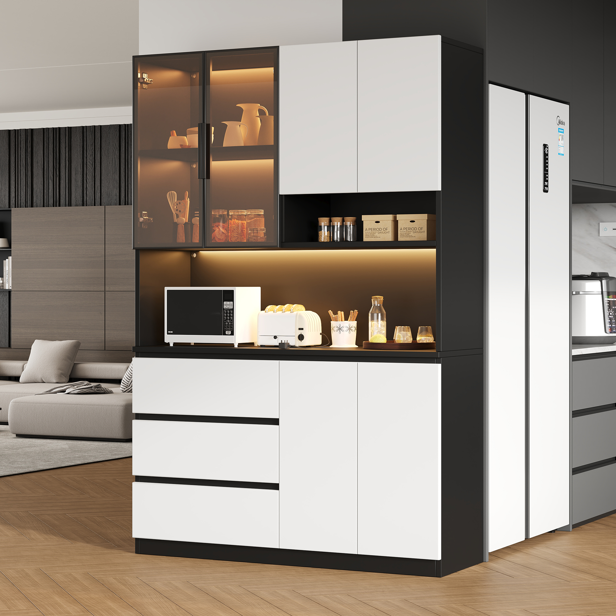 Buffet Moderne Blanc Noir avec LED Intégrée, Meuble Vaisselle 6 Portes 3 Tiroirs, Étagères Ajustables, 120x40x180 cm
