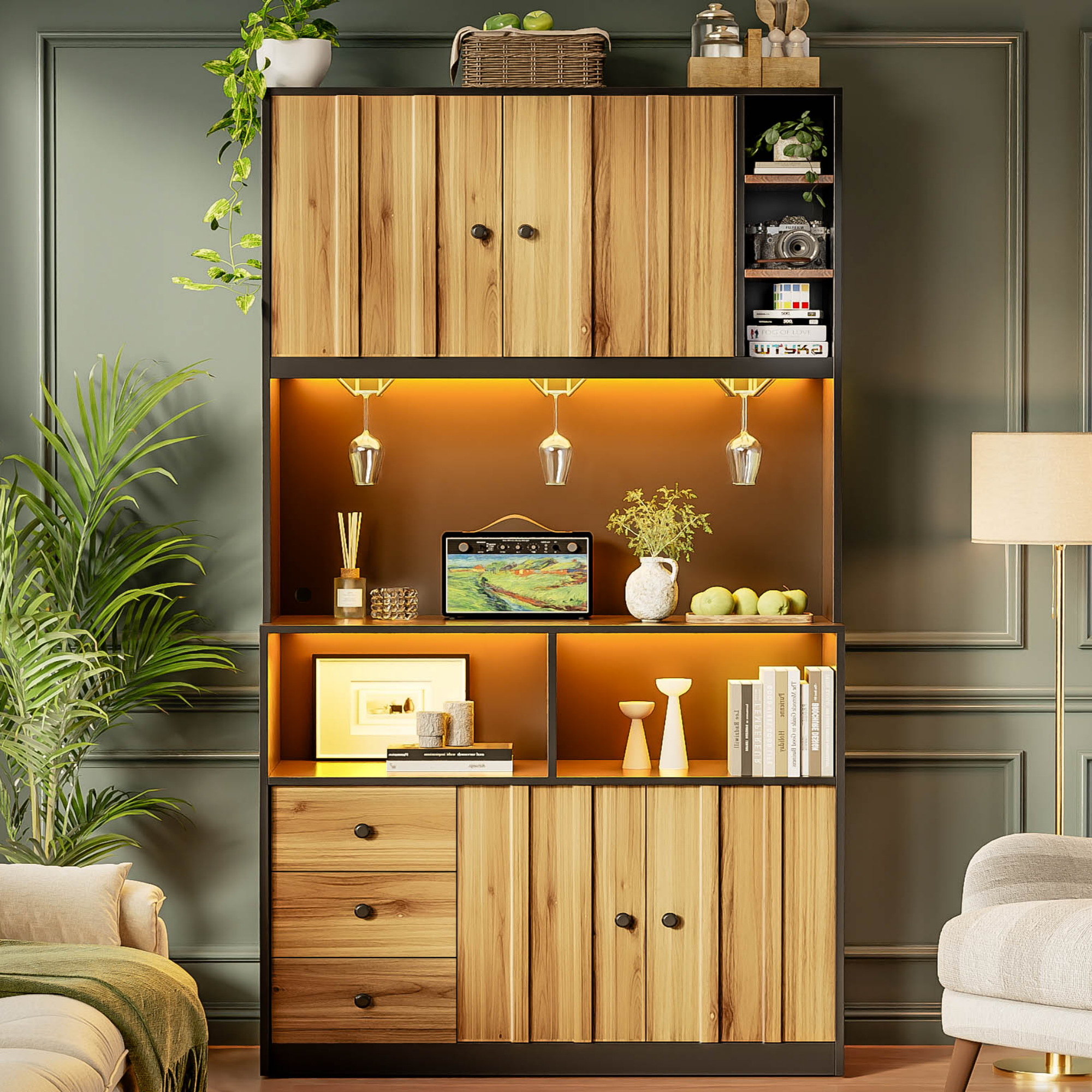 Buffet de cuisine haut en Panneau composite de fibres de bois à densité, Meuble rangement noir et bois naturel avec étagères ajustables et structure stable