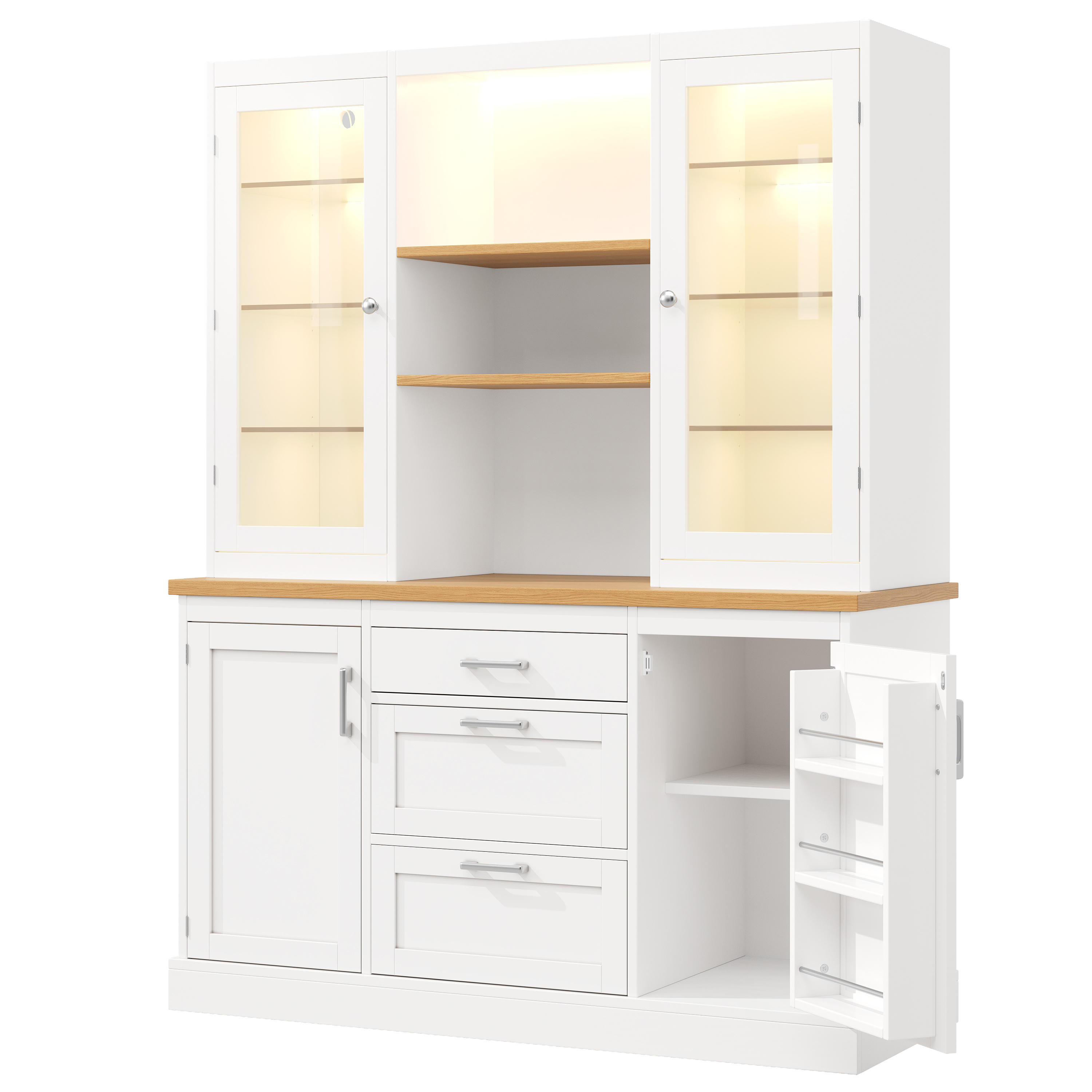 Buffet Cuisine Blanc Panneau composite de fibres de bois à densité 185x140cm avec 3 Tiroirs et Éclairage LED Intégré pour Rangement Vaisselle