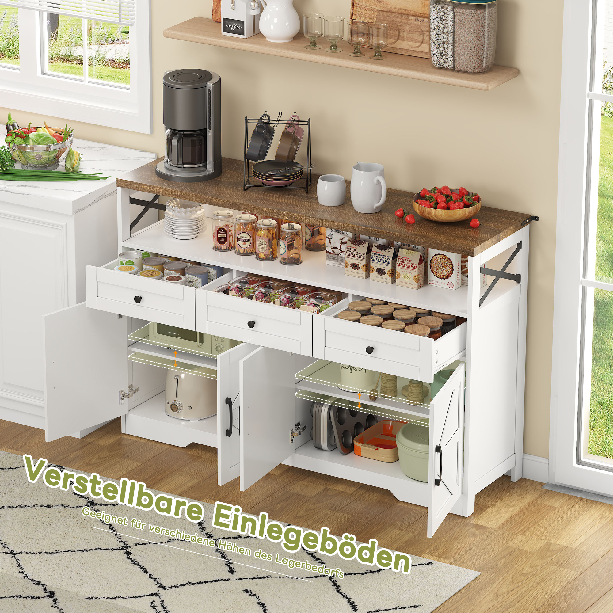 Buffet avec Grand Stockage 140cm, Console Entrée Multifonction avec 3 Tiroirs Glissants et Étagères Ouvertes, Idéal Salon