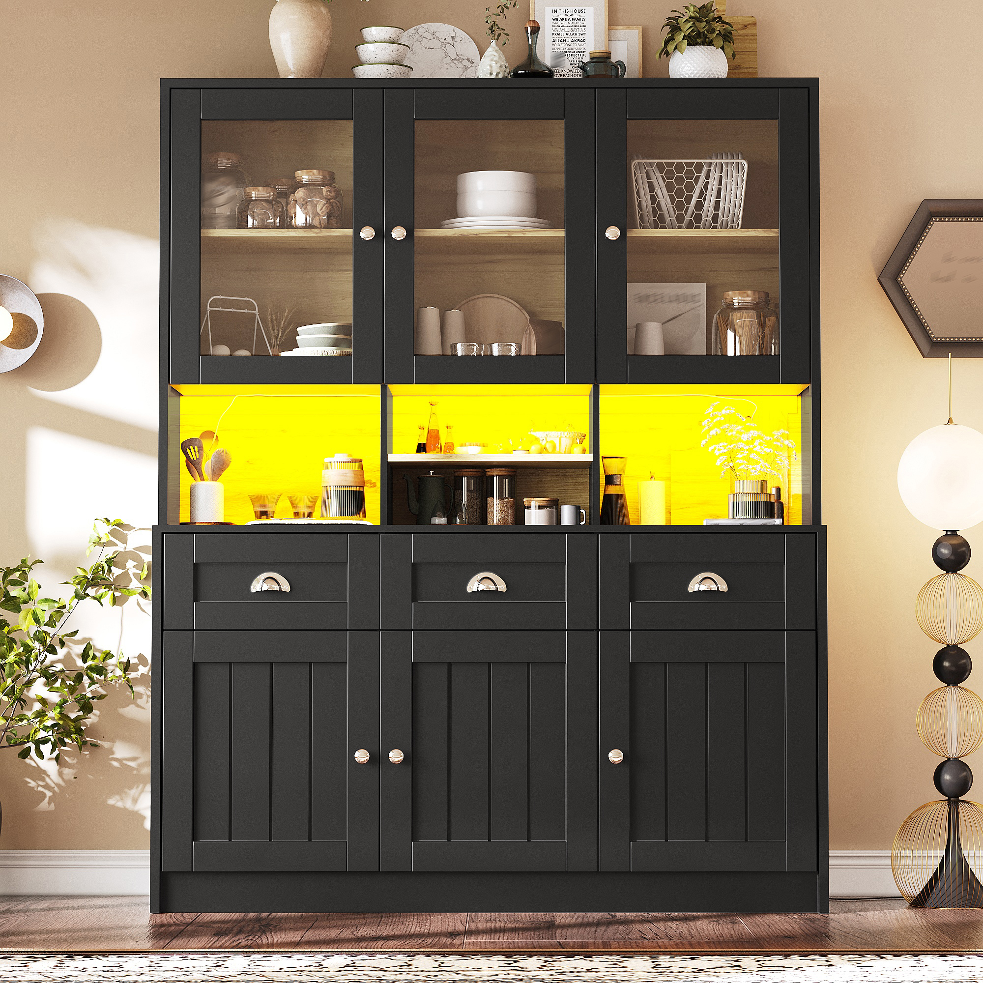Buffet de cuisine haut 140x175 cm, Meuble vaisselier Panneau composite de fibres de bois à densité noir avec portes en acrylique et étagères réglables