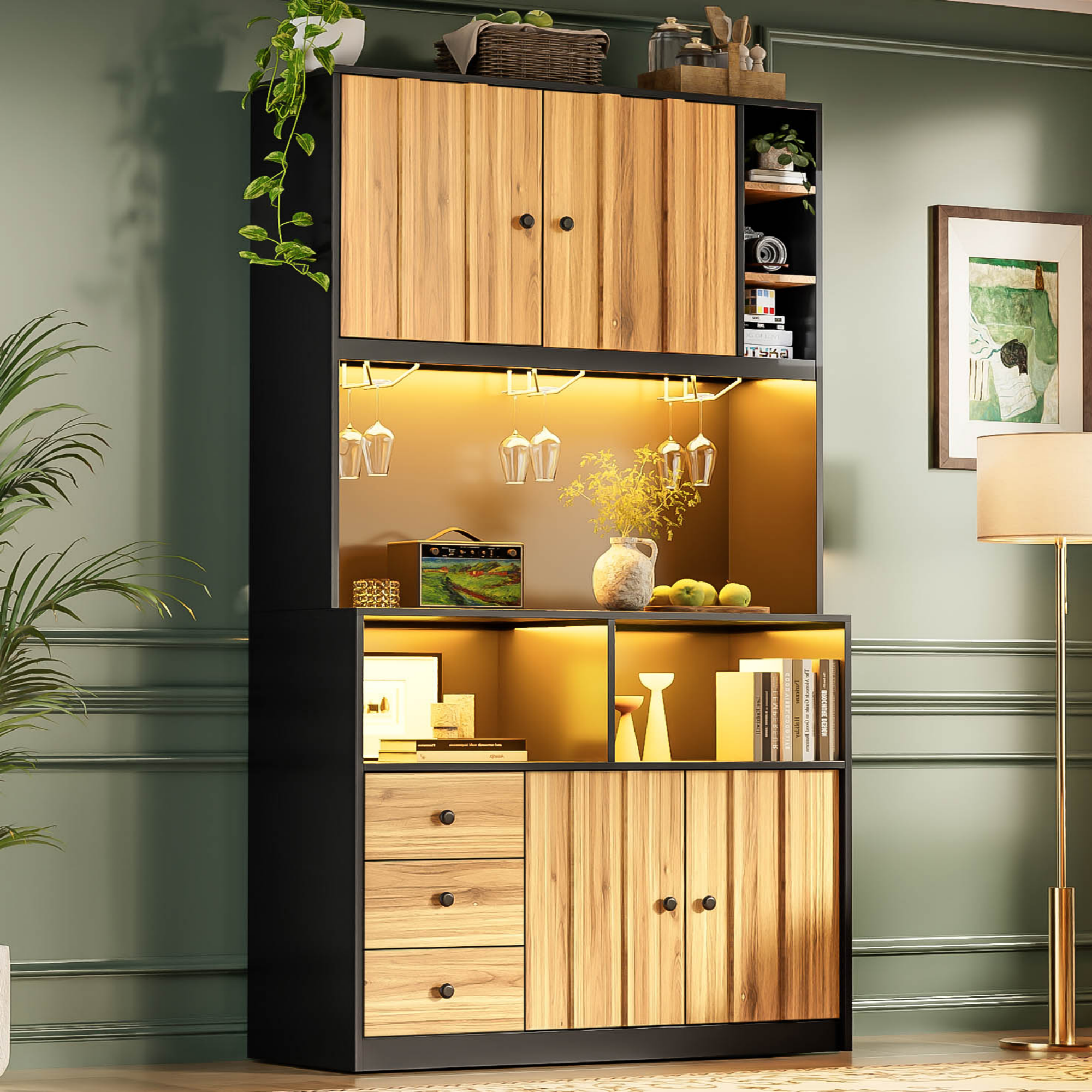 Buffet de cuisine haut en Panneau composite de fibres de bois à densité, Meuble rangement noir et bois naturel avec étagères ajustables et structure stable