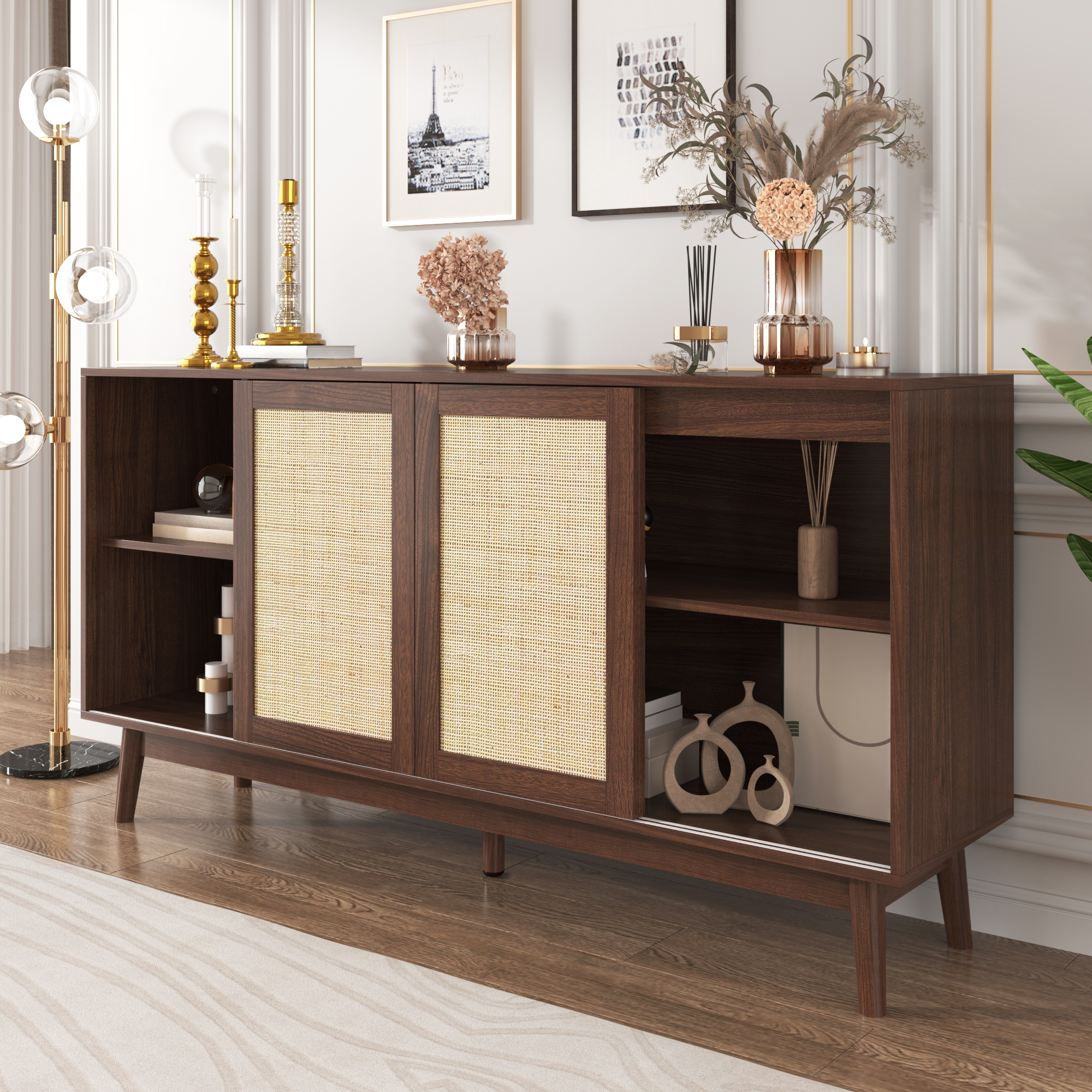 Buffet Panneau composite de fibres de bois à densité Panneaux Particules Rotin Massif Pieds Bois 3 Portes 2 Tiroirs 155x80cm