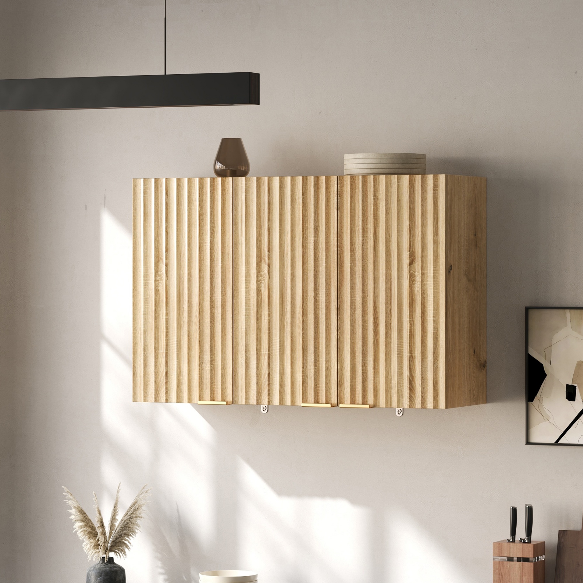 Armoire Murale 3 Portes Rangement Mural Panneau composite de fibres de bois à densité Naturel Design Moderne Pour Cuisine Salle De Bain 90x60 Cm