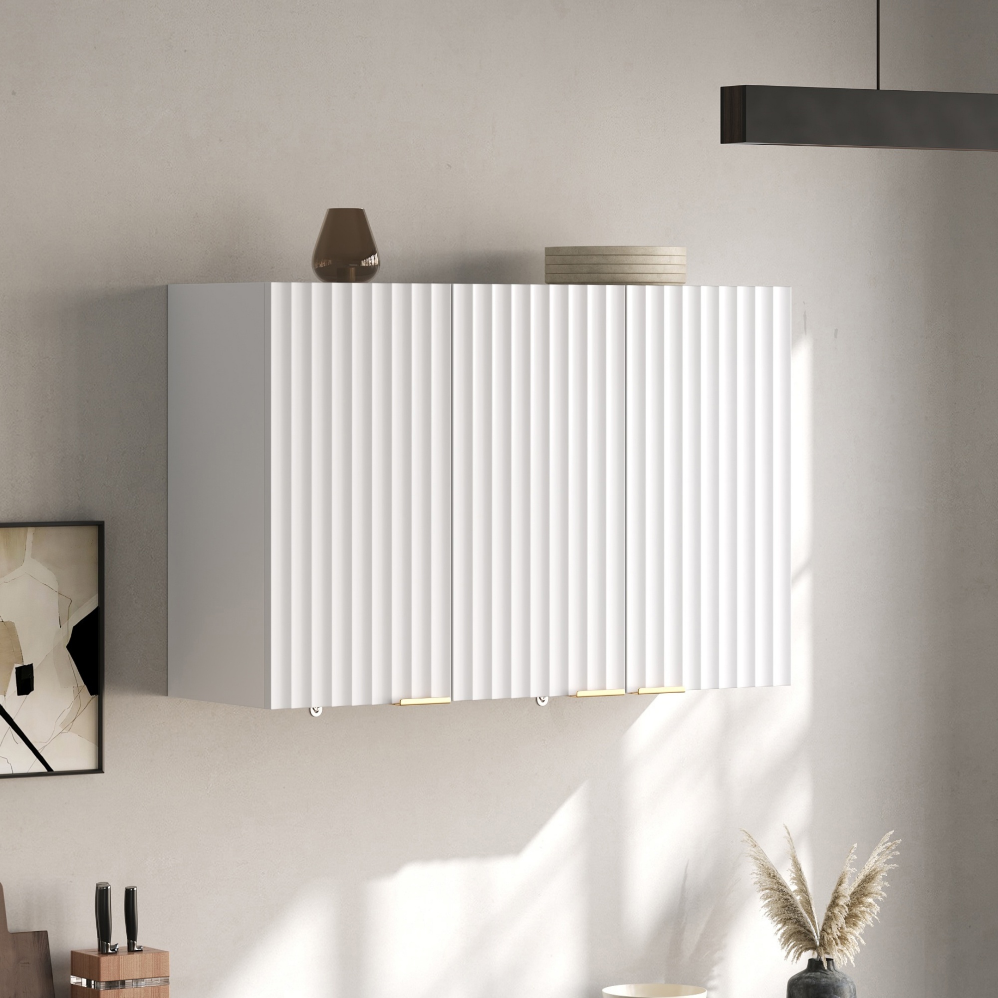 Armoire Murale Blanche 3 Portes en Panneau composite de fibres de bois à densité, Rangement Suspendu pour Cuisine et Salle de Bain, Design Moderne