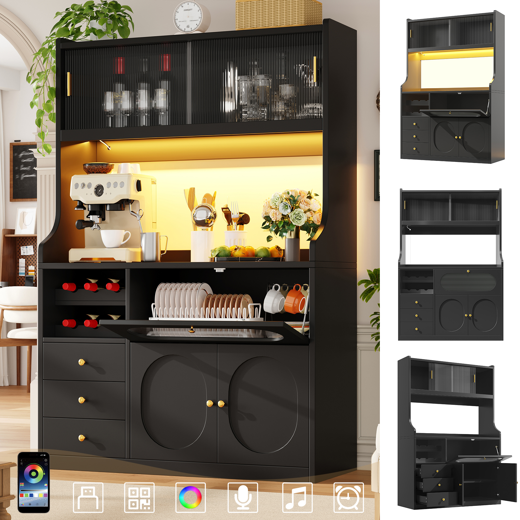 Buffet noir 120x40x180cm, Meuble de rangement cuisine en Panneau composite de fibres de bois à densité et métal avec portes coulissantes en verre et 3 tiroirs intégrés