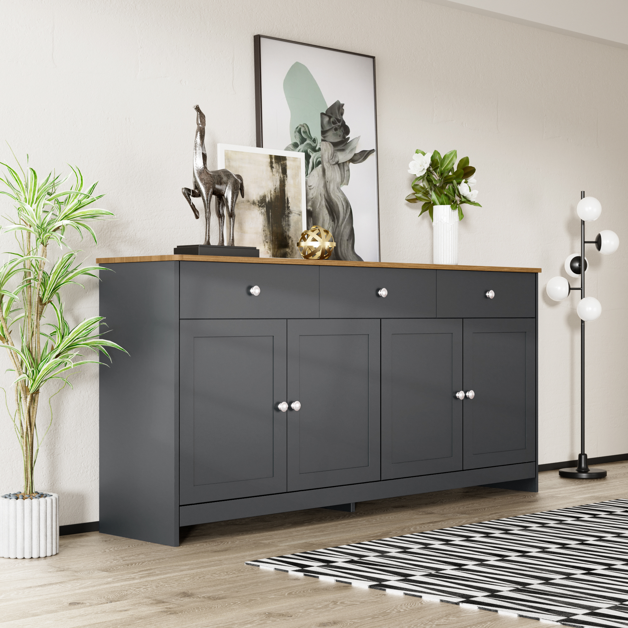 Buffet Cuisine Moderne 160 cm, Armoire Rangement avec 4 Portes Fines et 3 Tiroirs, Style Campagne Gris Noir pour Entrée Salon