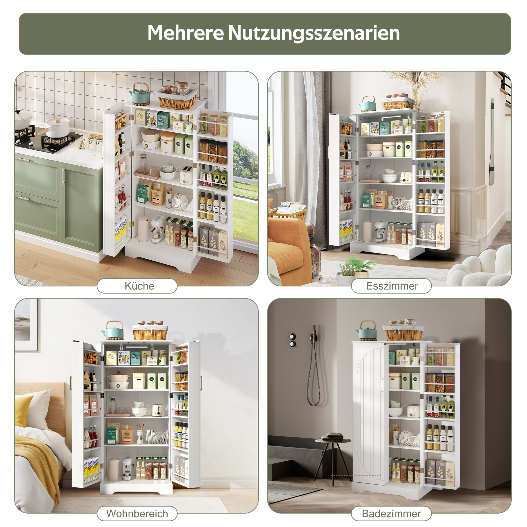 Buffet Cuisine Multifonctionnel Blanc, Meuble Vaisselle LED Intégré avec Portes et Étagères Réglables