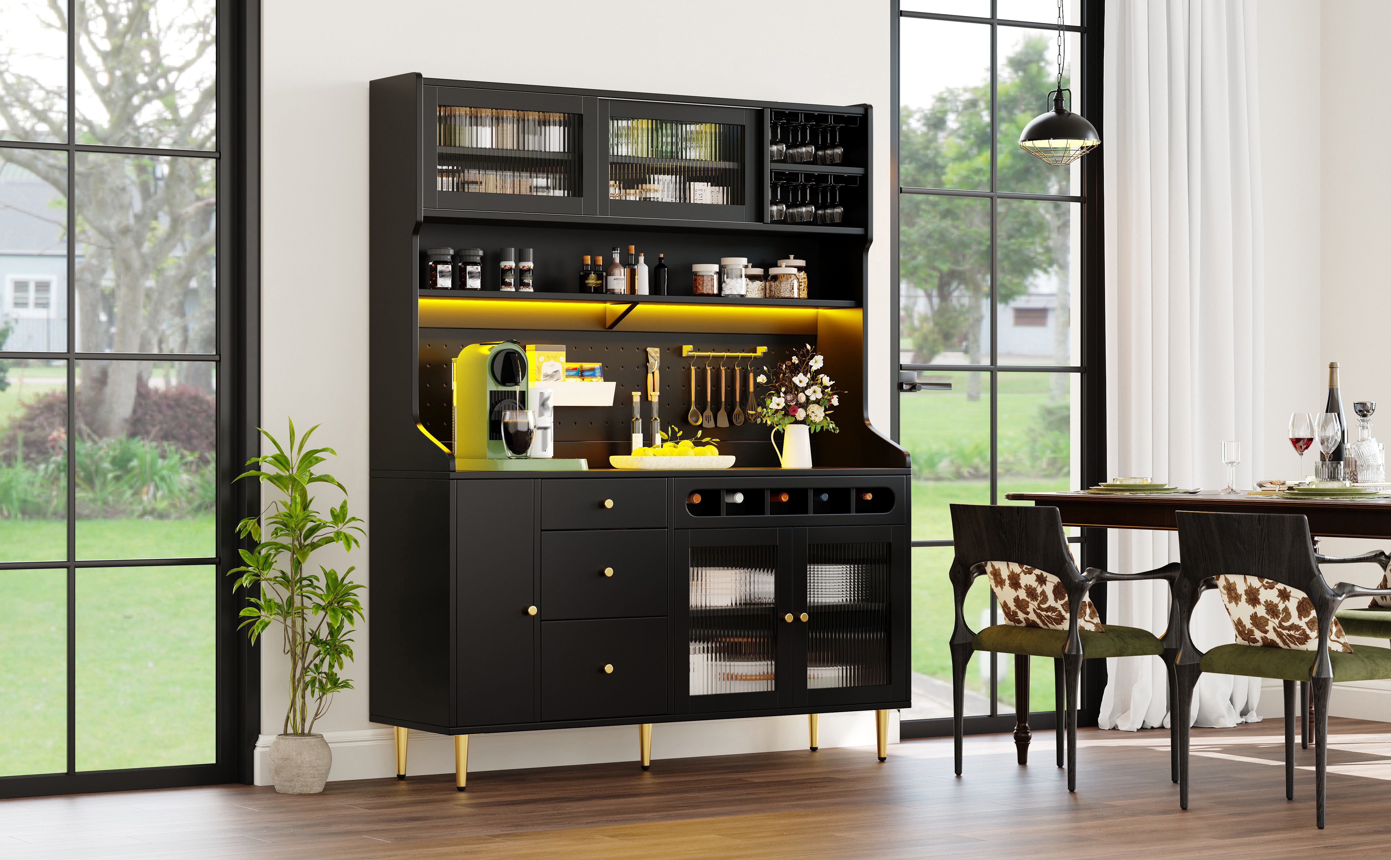 Buffet Cuisine Moderne 145x39x171 cm avec LED Musicales RGB, Appareil Mobile et Rangements Flexibles