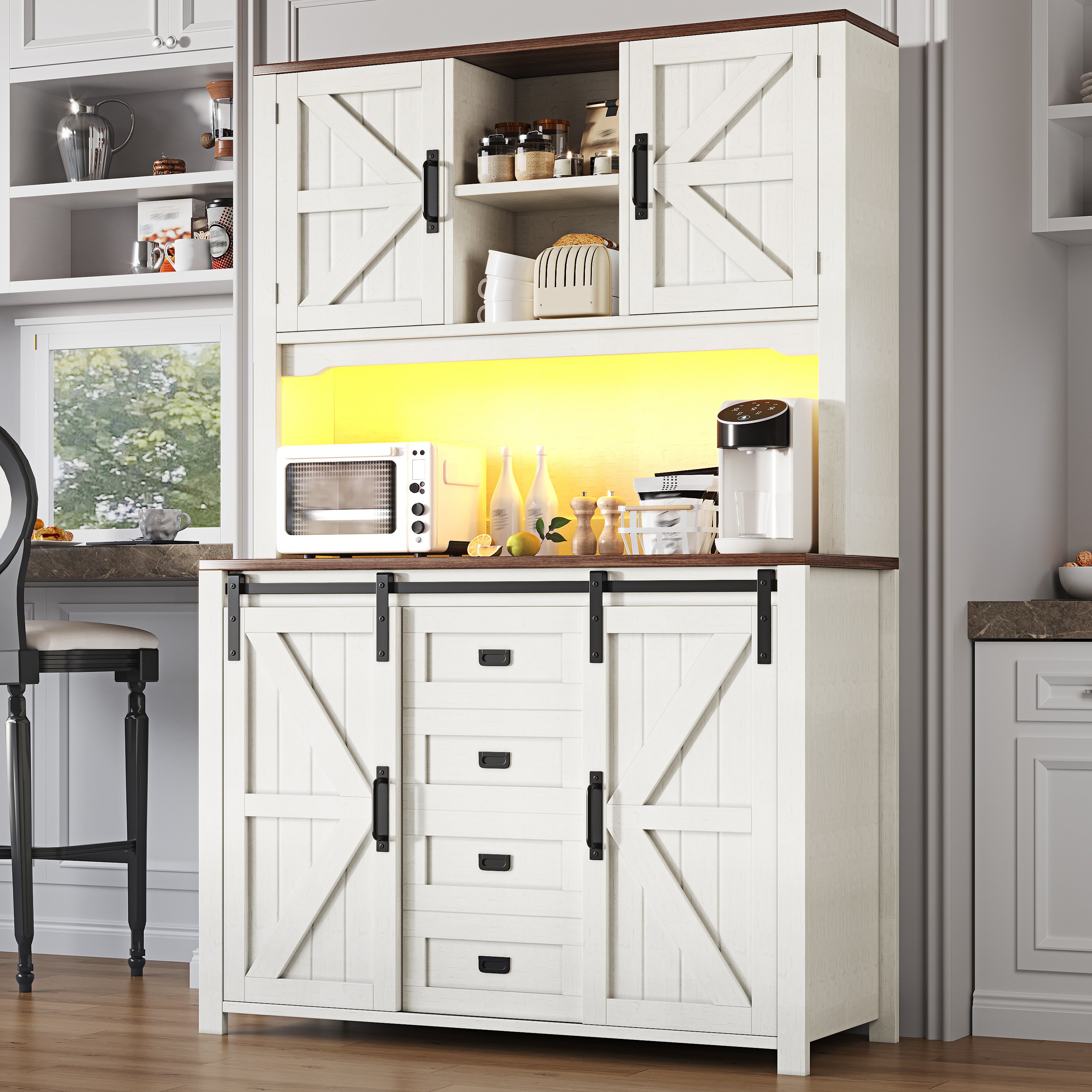 Buffet Moderne avec Éclairage LED Musical Contrôlé par App, Meuble de Rangement Haut avec Tiroirs et Compartiments Ouverts