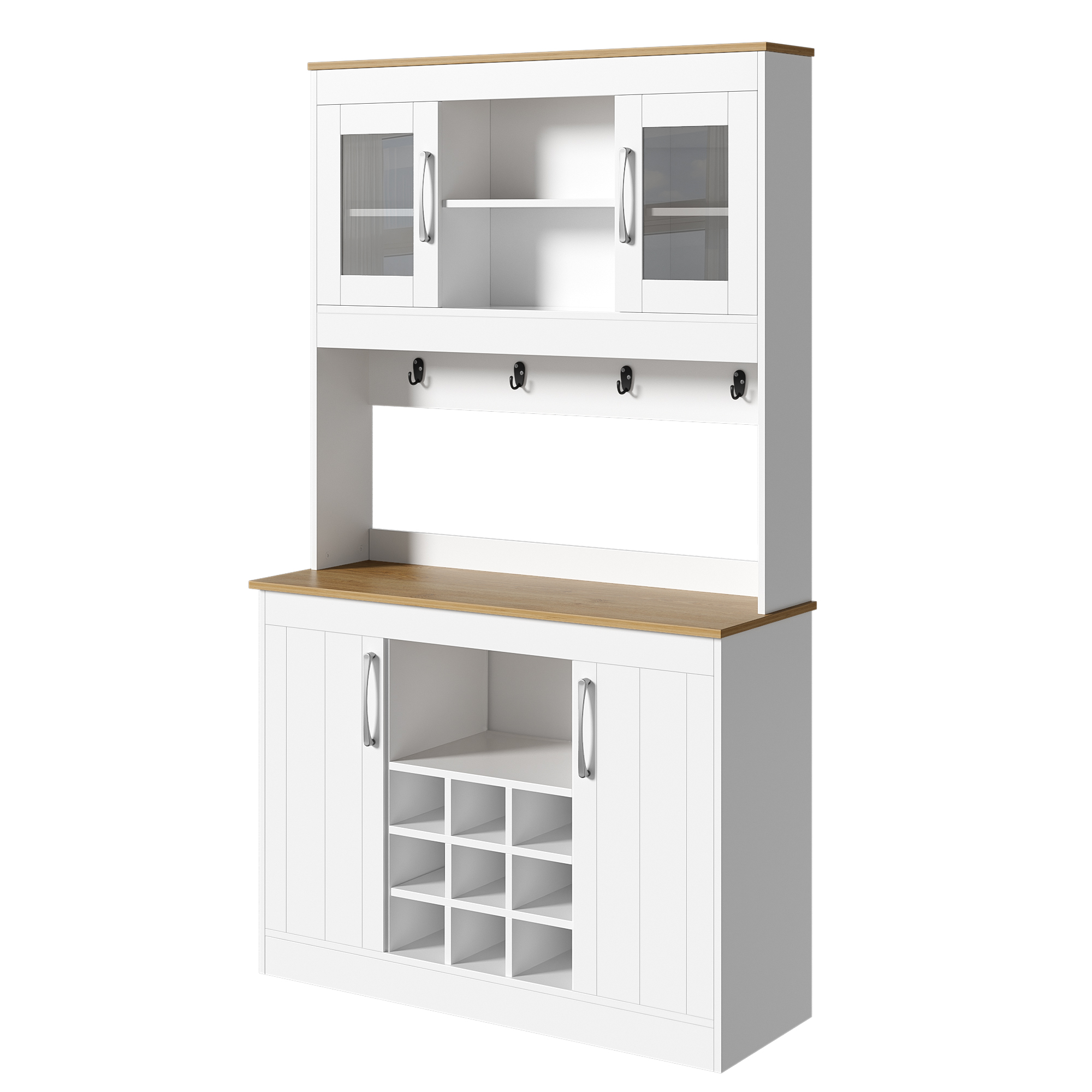 Buffet de cuisine 106x39x175 cm, meuble vaisselier haut avec rangement intégré et portes vitrées, capacité de stockage élevée