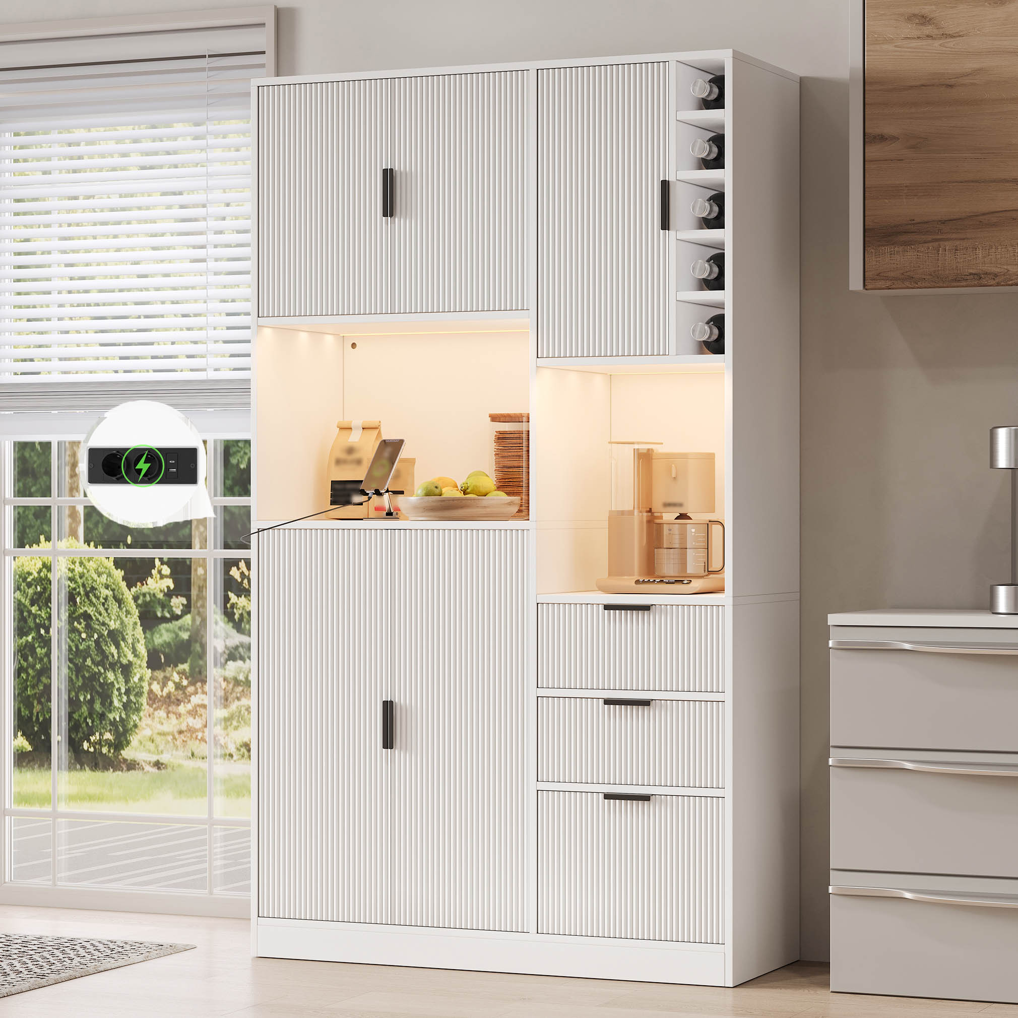 Buffet de cuisine blanc 180x105x40 cm, meuble haut avec 3 tiroirs, étagères réglables et éclairage LED
