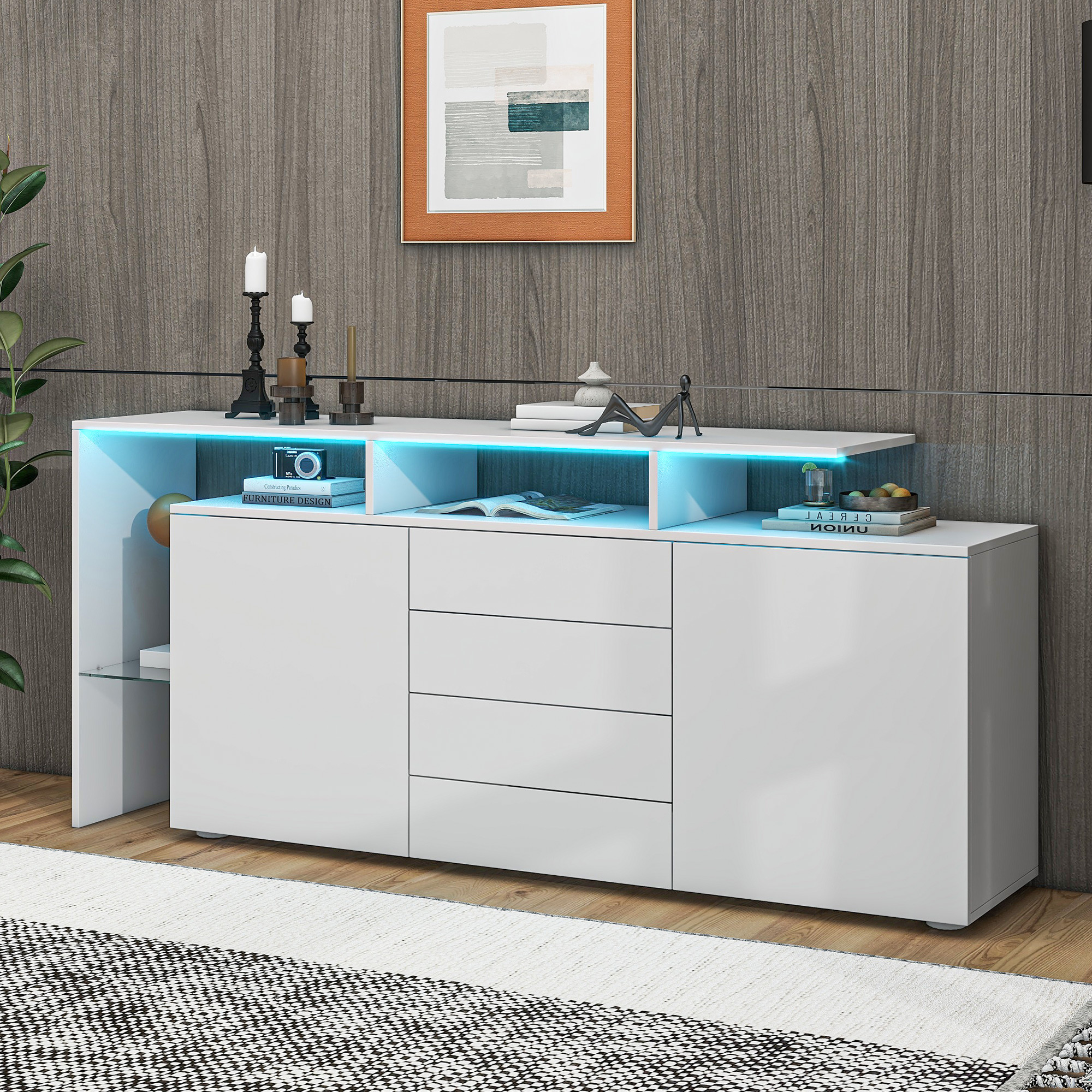 Buffet de cuisine blanc brillant 160x70x35 cm avec 4 tiroirs et 2 portes, meuble de rangement moderne