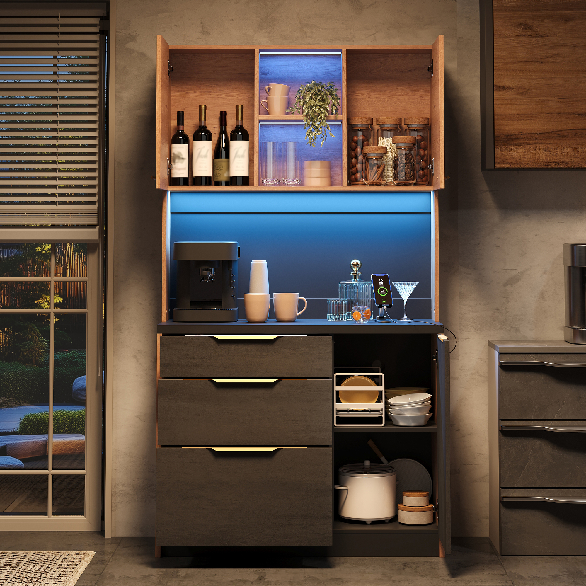 Buffet de cuisine 180x100x40 cm, haute capacité avec 3 tiroirs et étagère, structure Panneau composite de fibres de bois à densité robuste, idéal rangement cuisine ou salon.