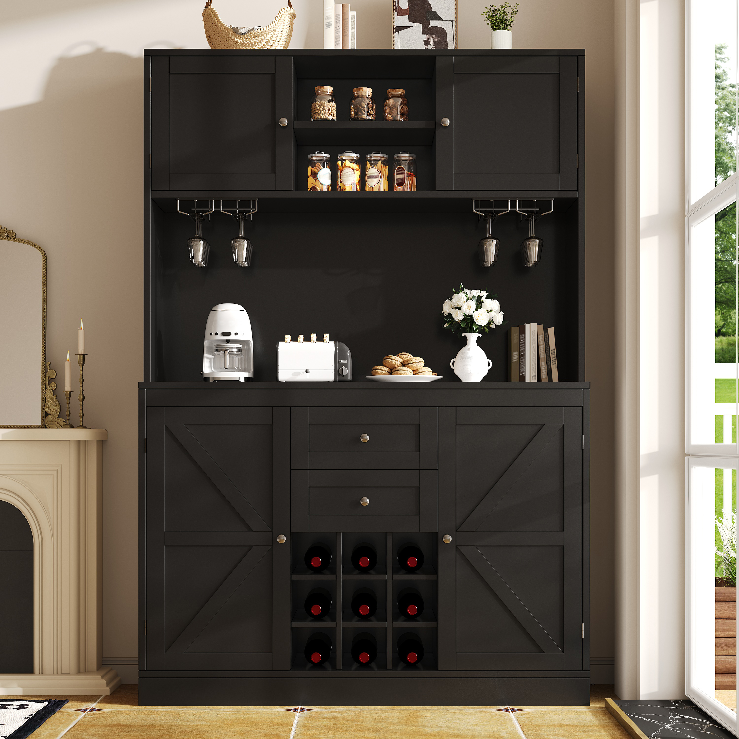 Buffet de cuisine haut 120x40x188 cm, capacité 60 kg, meuble vaisselier 4 portes 2 tiroirs avec sécurité anti-bascule