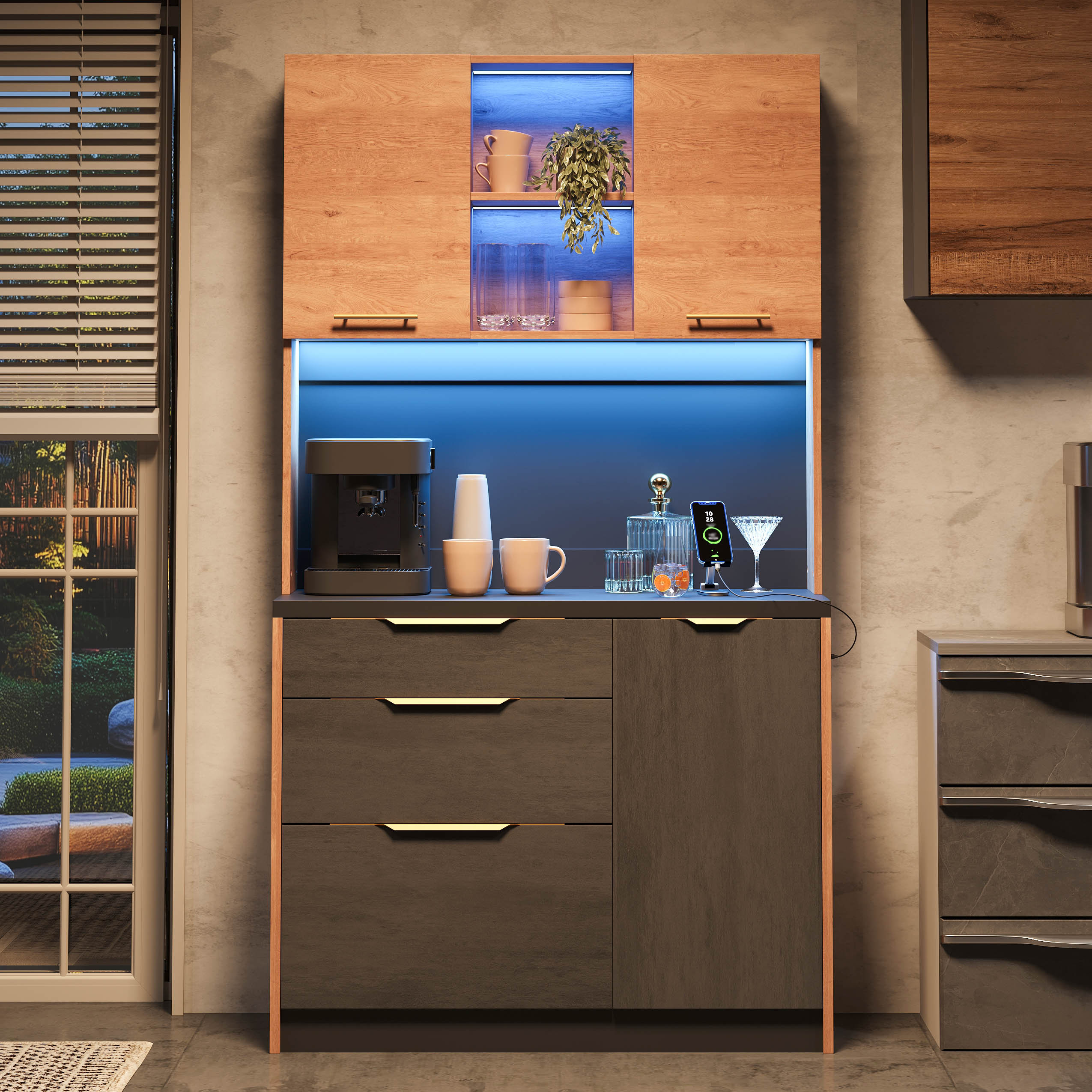 Buffet de cuisine 180x100x40 cm, haute capacité avec 3 tiroirs et étagère, structure Panneau composite de fibres de bois à densité robuste, idéal rangement cuisine ou salon.
