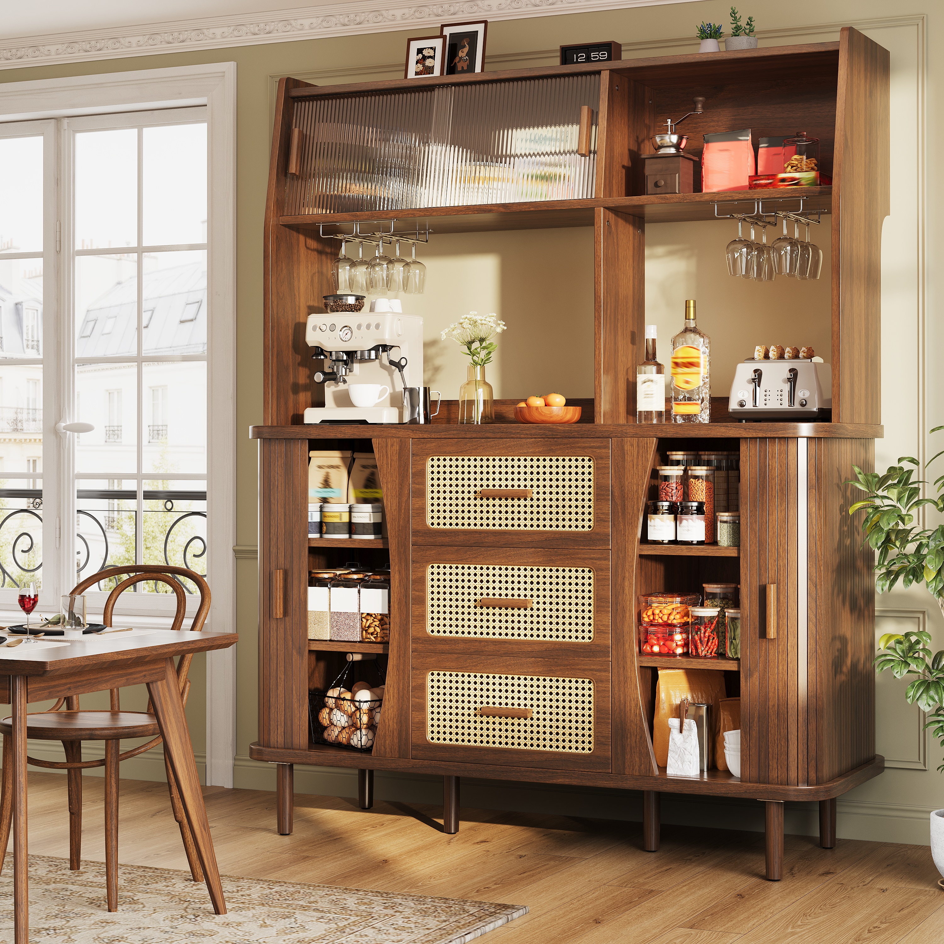 Buffet Cuisine Haut 174x140 cm, Armoire Rangement avec Portes Coulissantes Verre et 3 Tiroirs, Design Moderne Bois et Métal Couleur Noyer