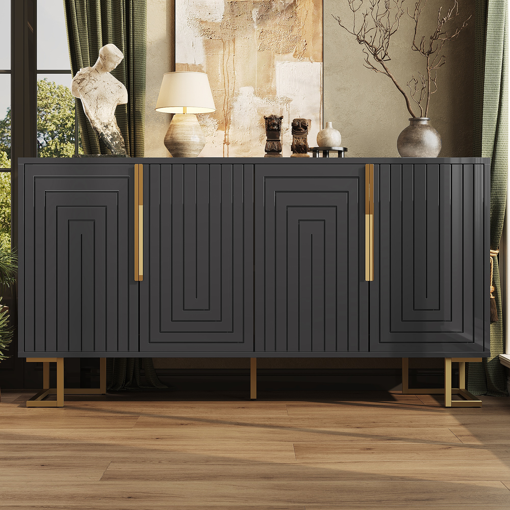 Buffet Noir 152x40x75 cm avec Éclairage LED Intégré et Système Anti-Basculement Sécurisé pour Rangement Salon