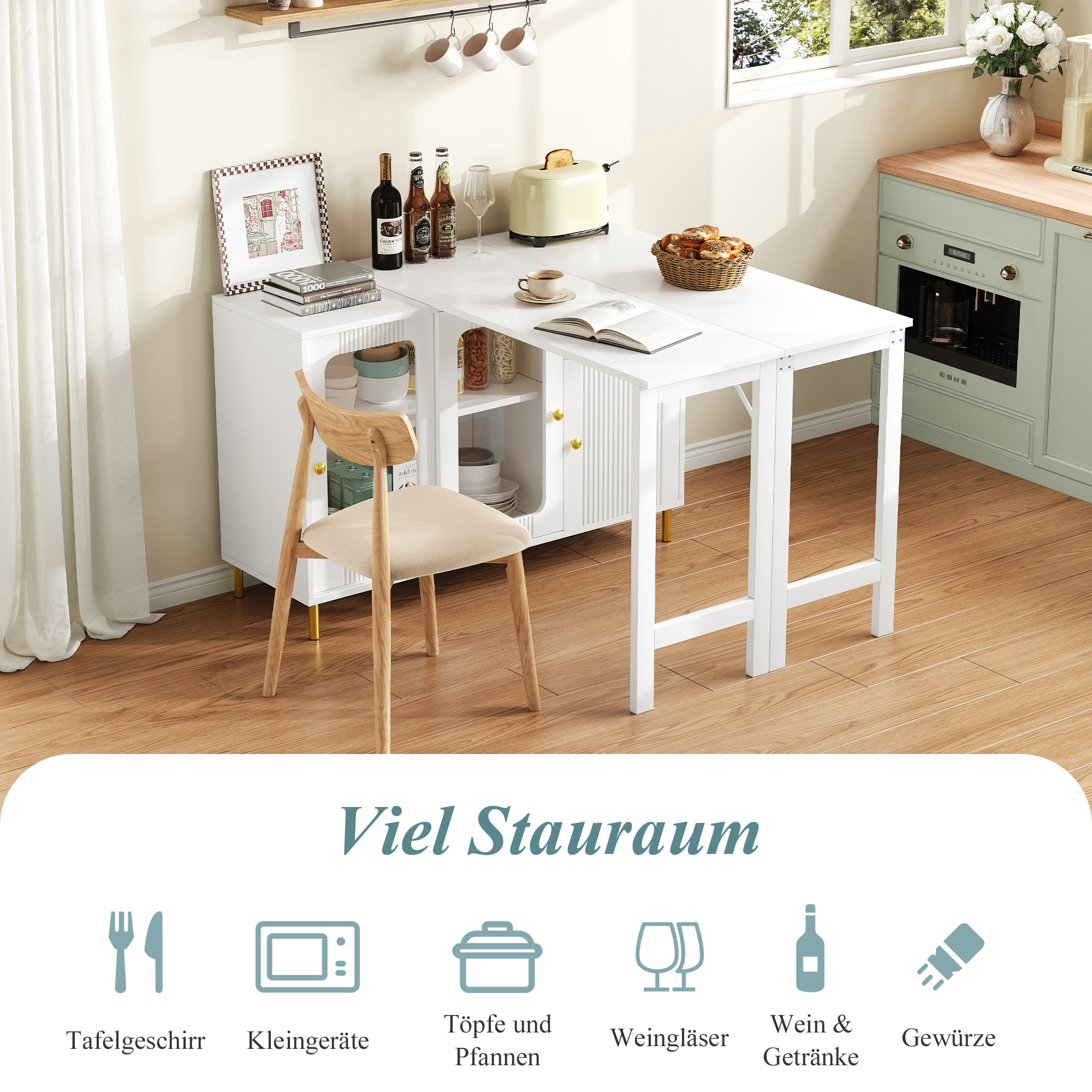 Buffet Extensible Blanc avec Table à Manger Convertible, Portes Coulissantes Verre et Tiroirs Intégrés pour Salle à Manger
