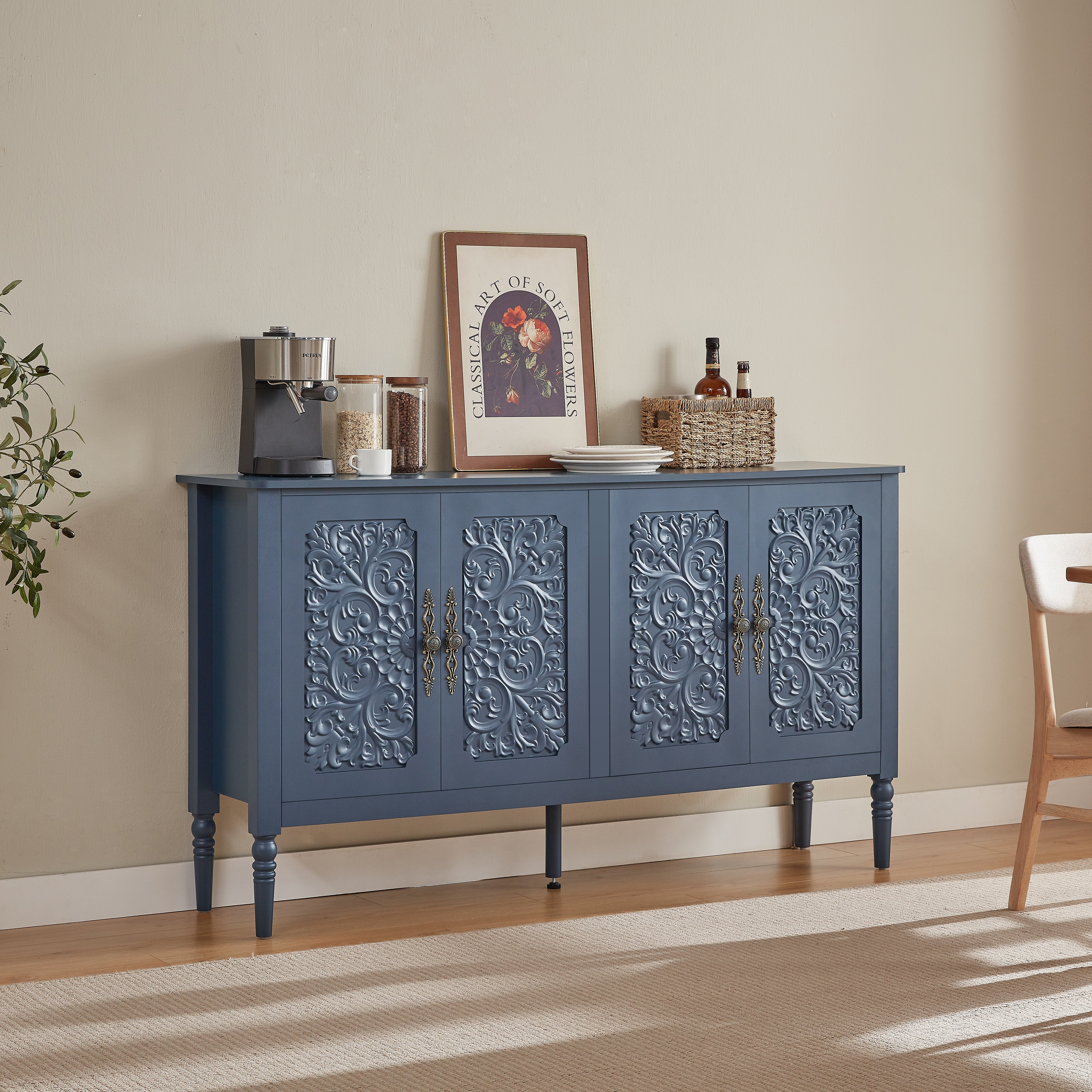 Buffet En Panneaux De Particules Et Panneau composite de fibres de bois à densité Avec Sculptures Rétro, Structure Métal, Bleu Marine, 160x40x89 Cm