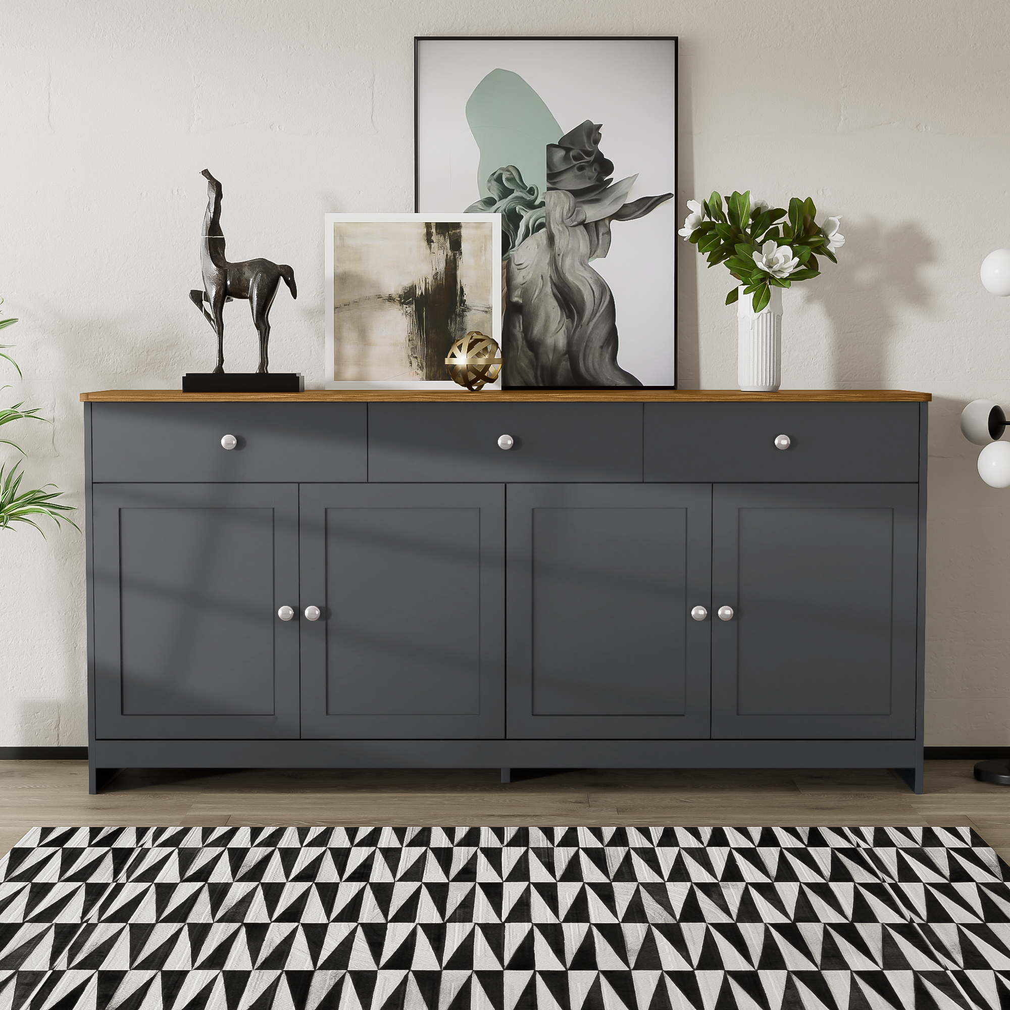 Buffet Cuisine Moderne 160 cm, Armoire Rangement avec 4 Portes Fines et 3 Tiroirs, Style Campagne Gris Noir pour Entrée Salon