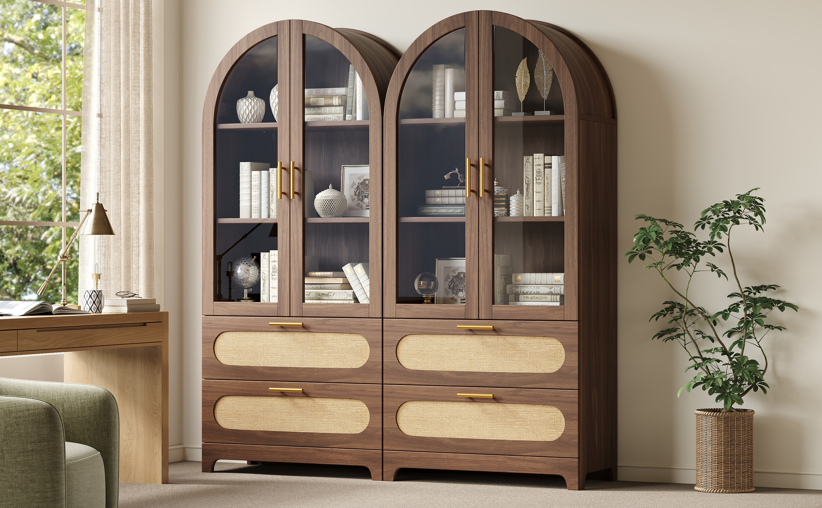 Buffet Vintage Style Montmartre avec Verre Trempé et LED, Meuble Vaisselier Moderne à 2 Tiroirs et Étagères pour Décoration