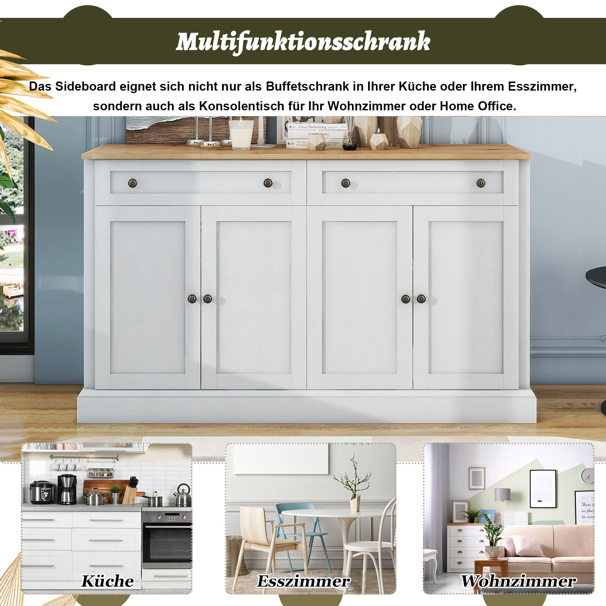 Buffet Moderne 4 Portes 2 Tiroirs Intégrés Étagères Réglables Meuble Rangement Salle À Manger Salon Blanc Bois Naturel