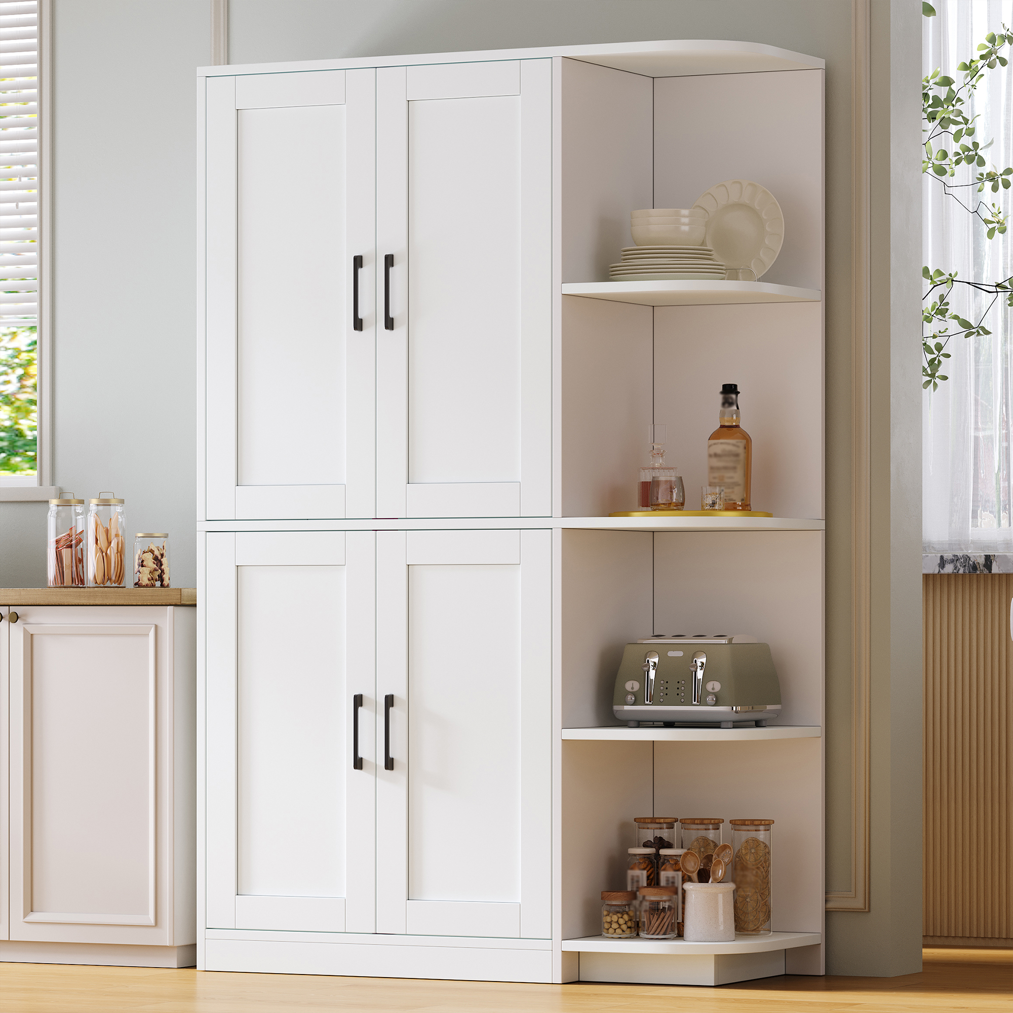 Buffet de cuisine haut blanc 4 portes, meuble rangement Panneau composite de fibres de bois à densité avec étagères réglables et éclairage LED, 103x40x163 cm