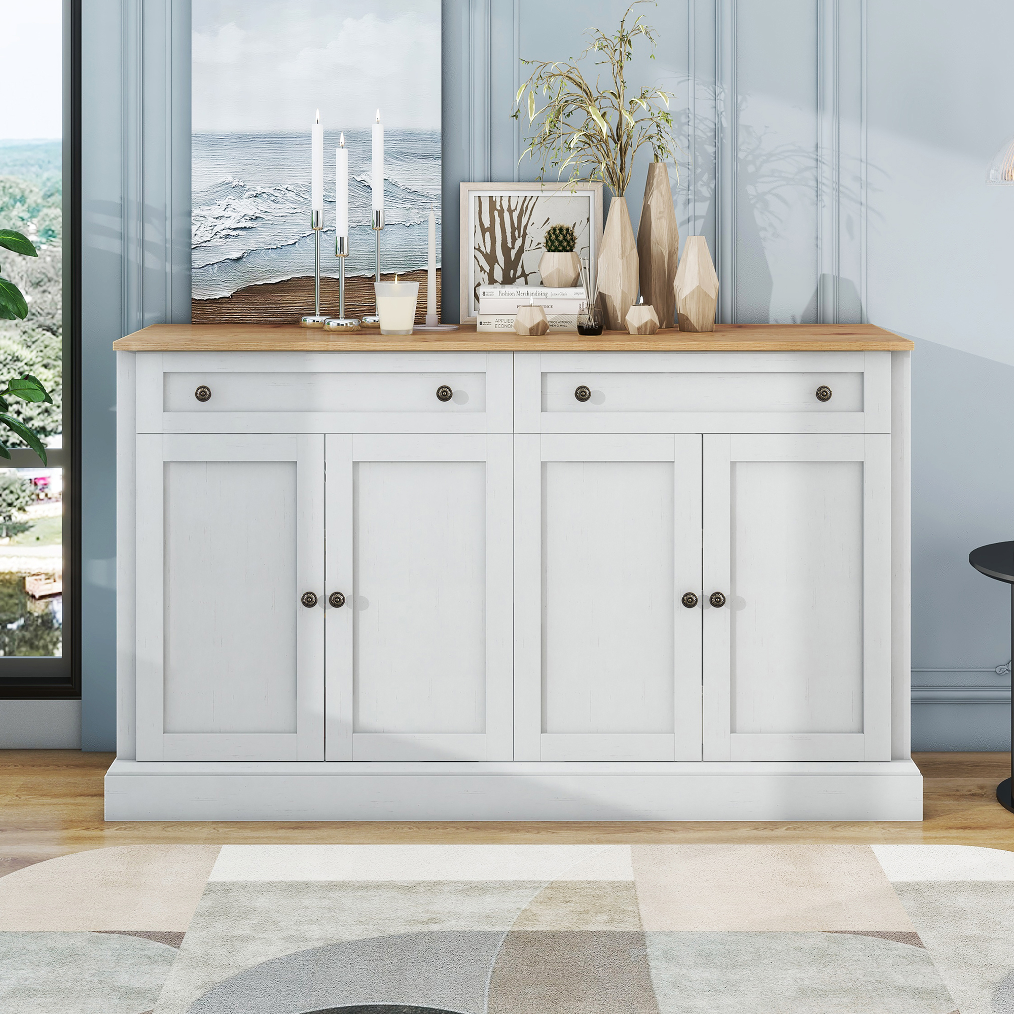 Buffet Moderne 4 Portes 2 Tiroirs Intégrés Étagères Réglables Meuble Rangement Salle À Manger Salon Blanc Bois Naturel