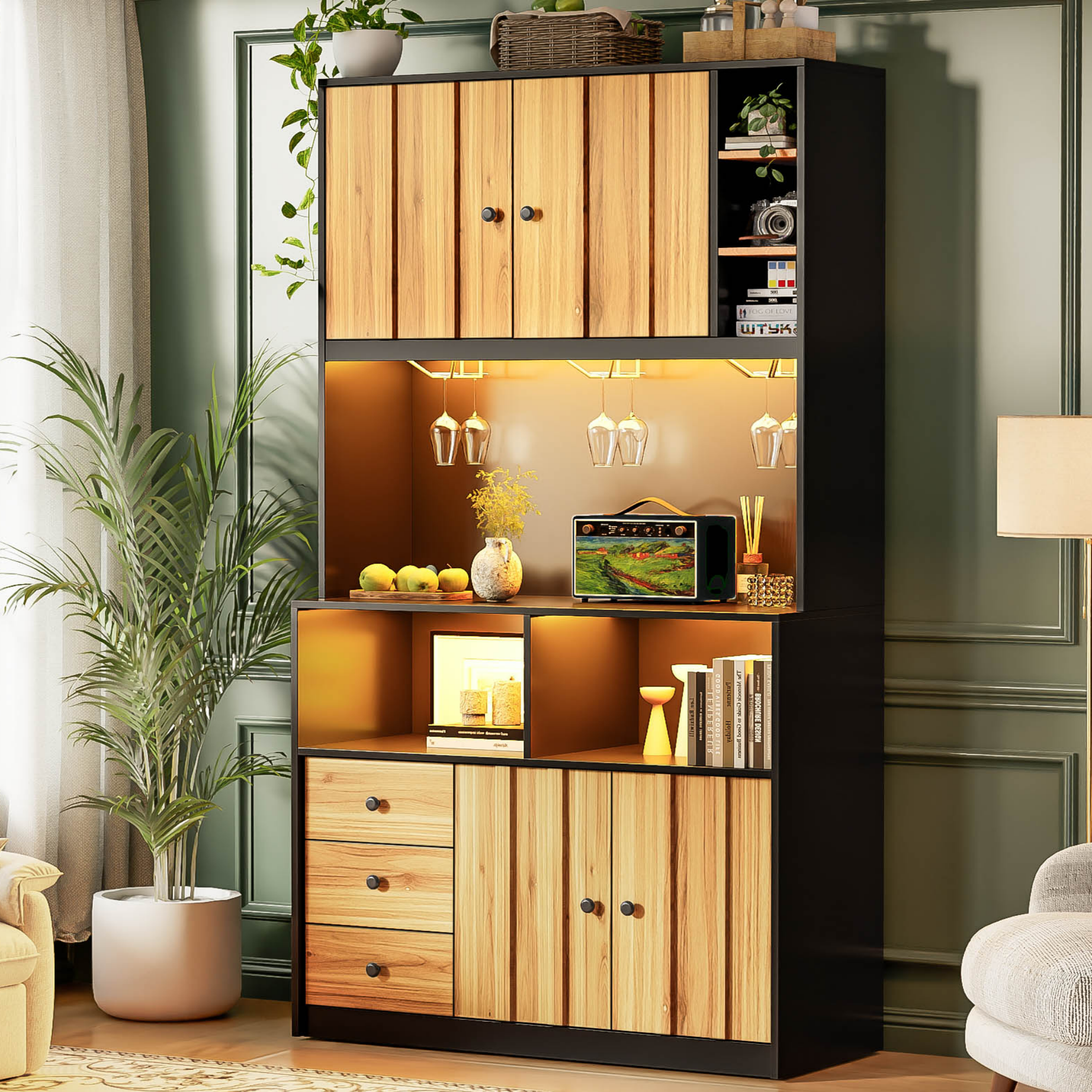 Buffet de cuisine haut en Panneau composite de fibres de bois à densité, Meuble rangement noir et bois naturel avec étagères ajustables et structure stable