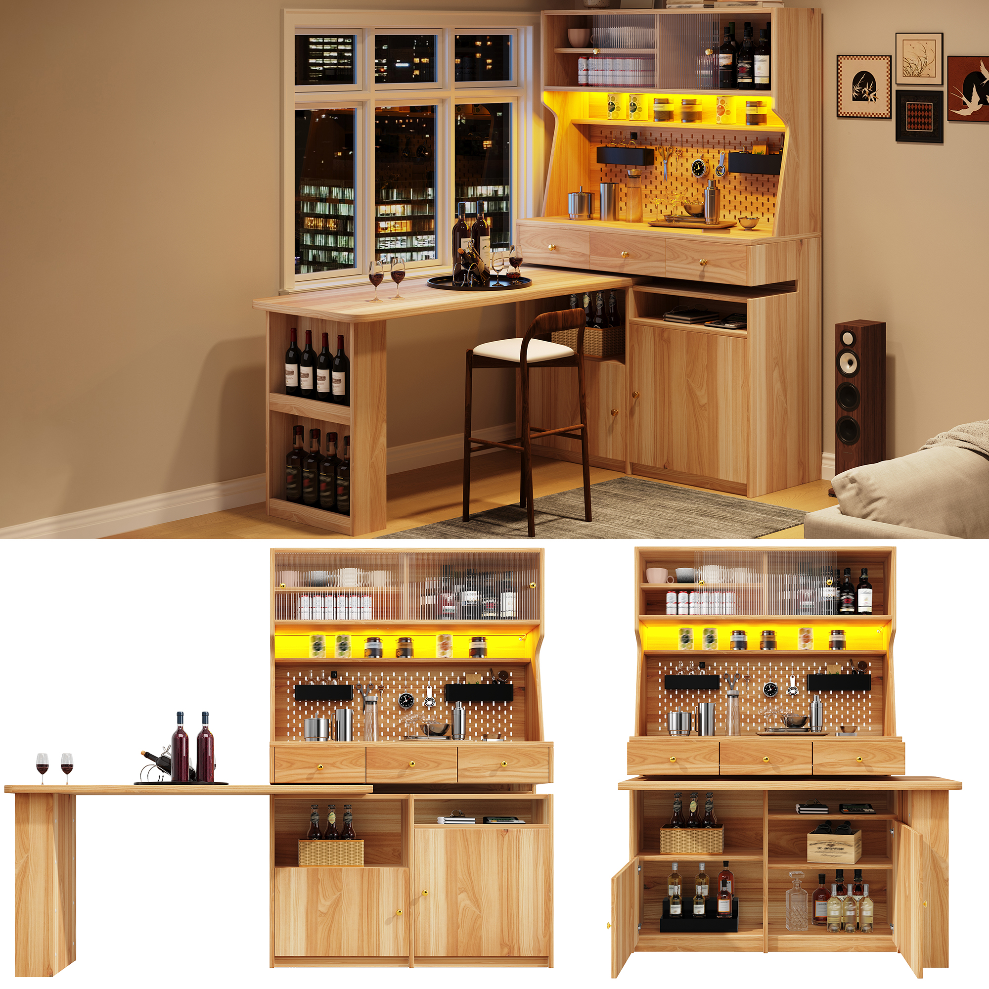 Buffet de cuisine haut 177.7x74x137 cm, capacité de charge 60 kg, rangement modulaire avec étagères ajustables
