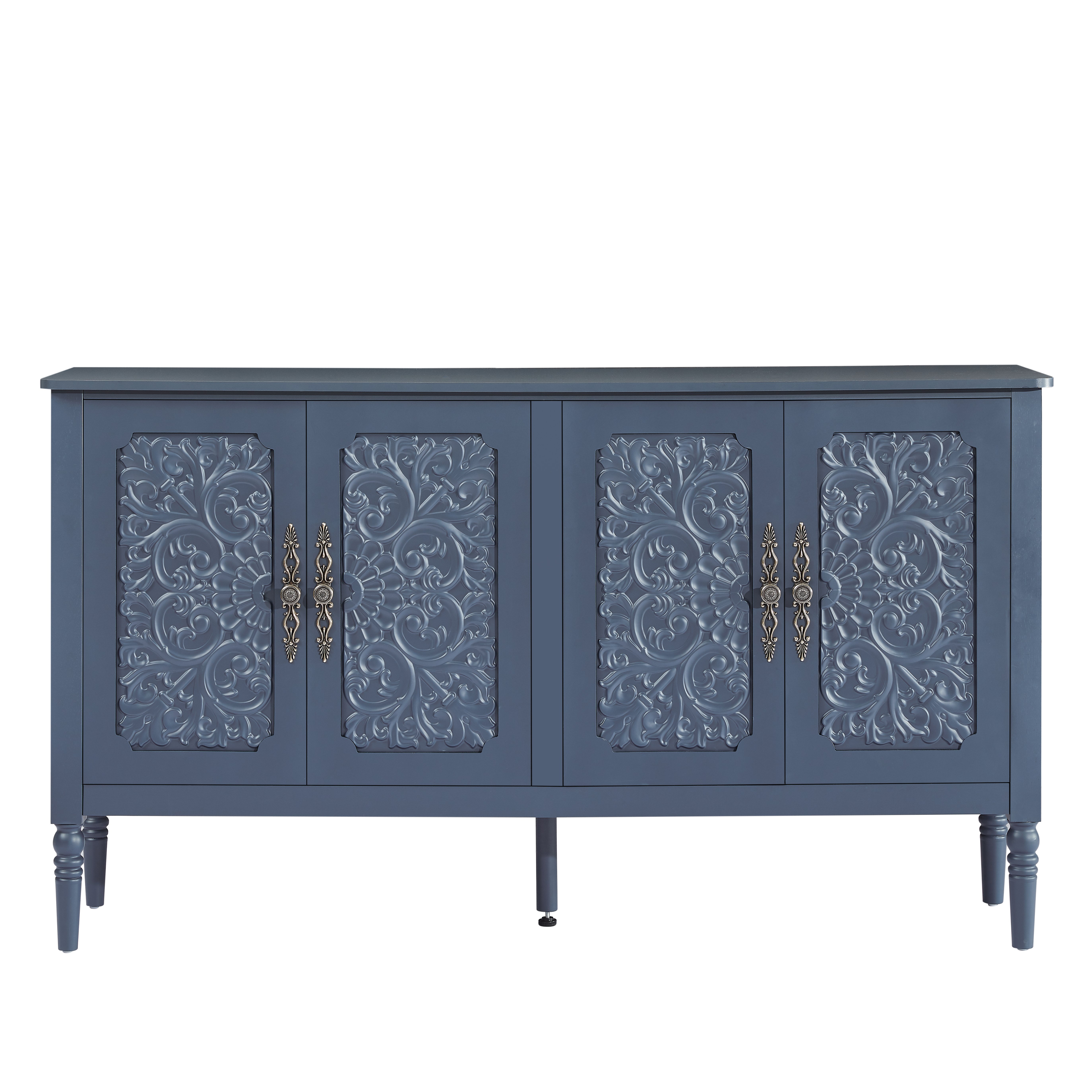 Buffet En Panneaux De Particules Et Panneau composite de fibres de bois à densité Avec Sculptures Rétro, Structure Métal, Bleu Marine, 160x40x89 Cm