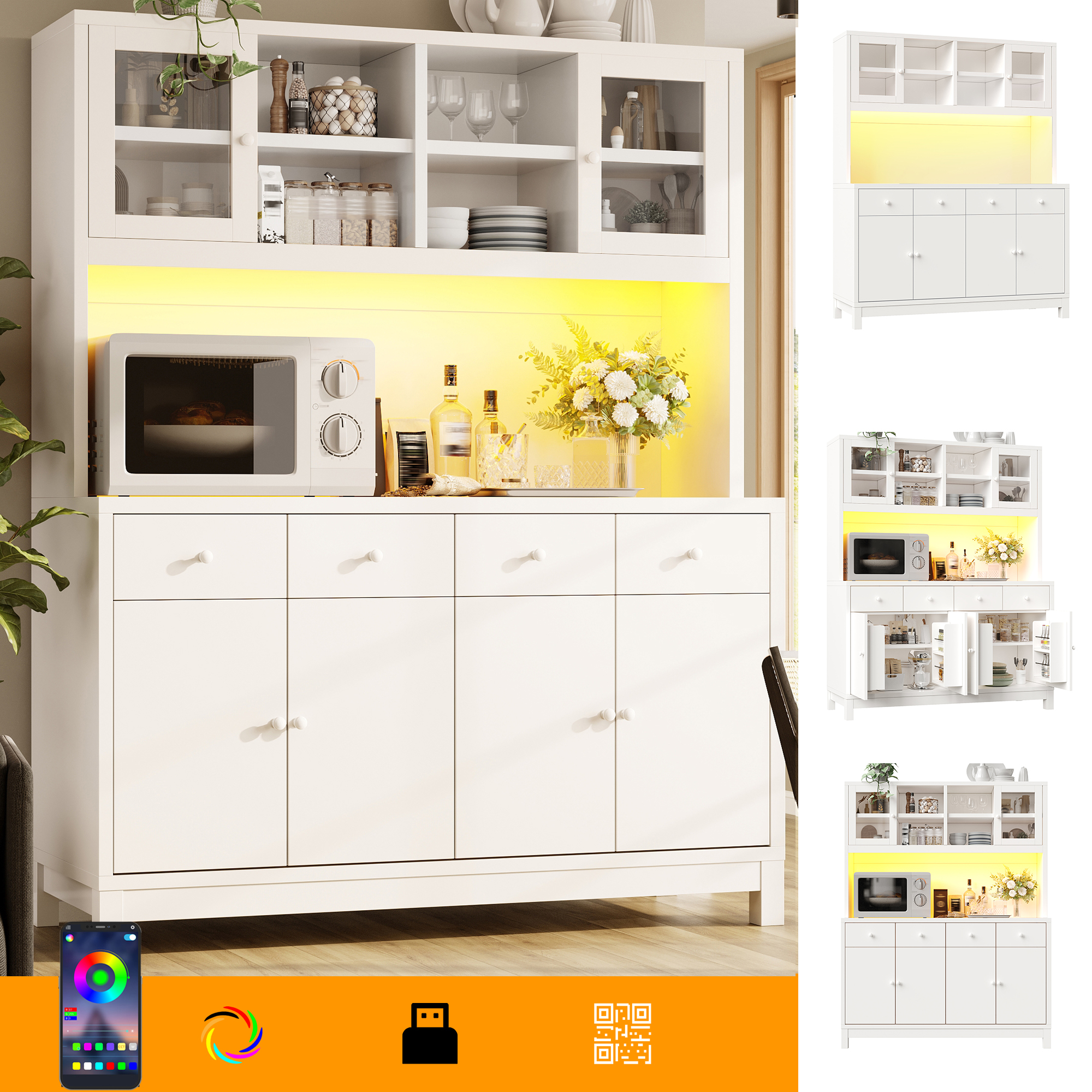 Buffet de cuisine Panneau composite de fibres de bois à densité blanc avec 4 tiroirs et portes vitrées, structure robuste anti-basculement, rangement vaisselle cuisine