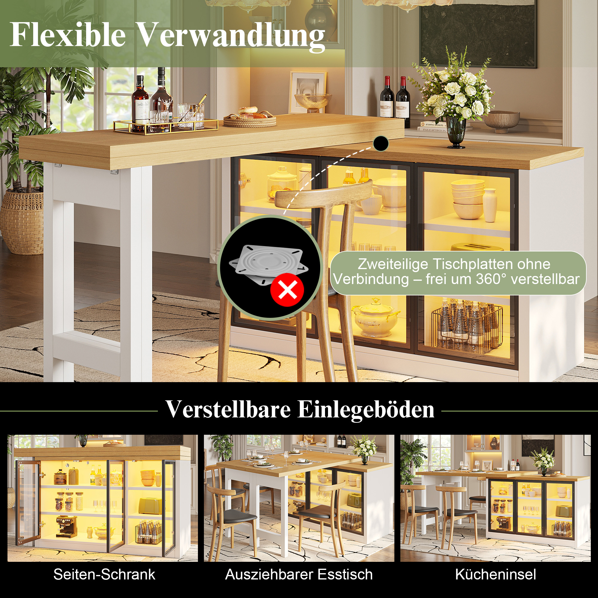 Buffet Cuisine en Panneau composite de fibres de bois à densité et Verre avec Structure Métallique, Table Extensible et Rangement Intégré, Design Moderne