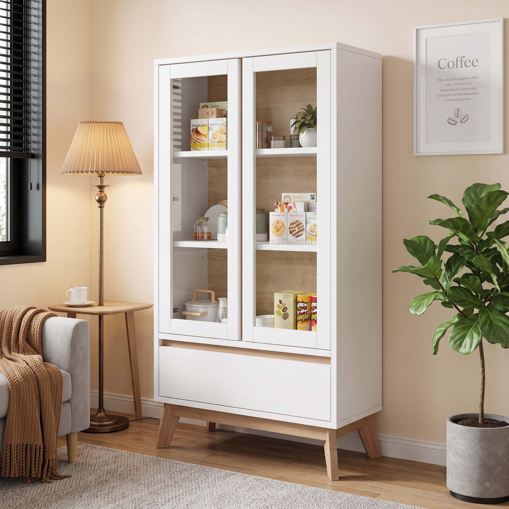 Buffet de cuisine blanc et bois, meuble rangement avec tiroir intégré et étagères ajustables, dimensions 80x40x150 cm