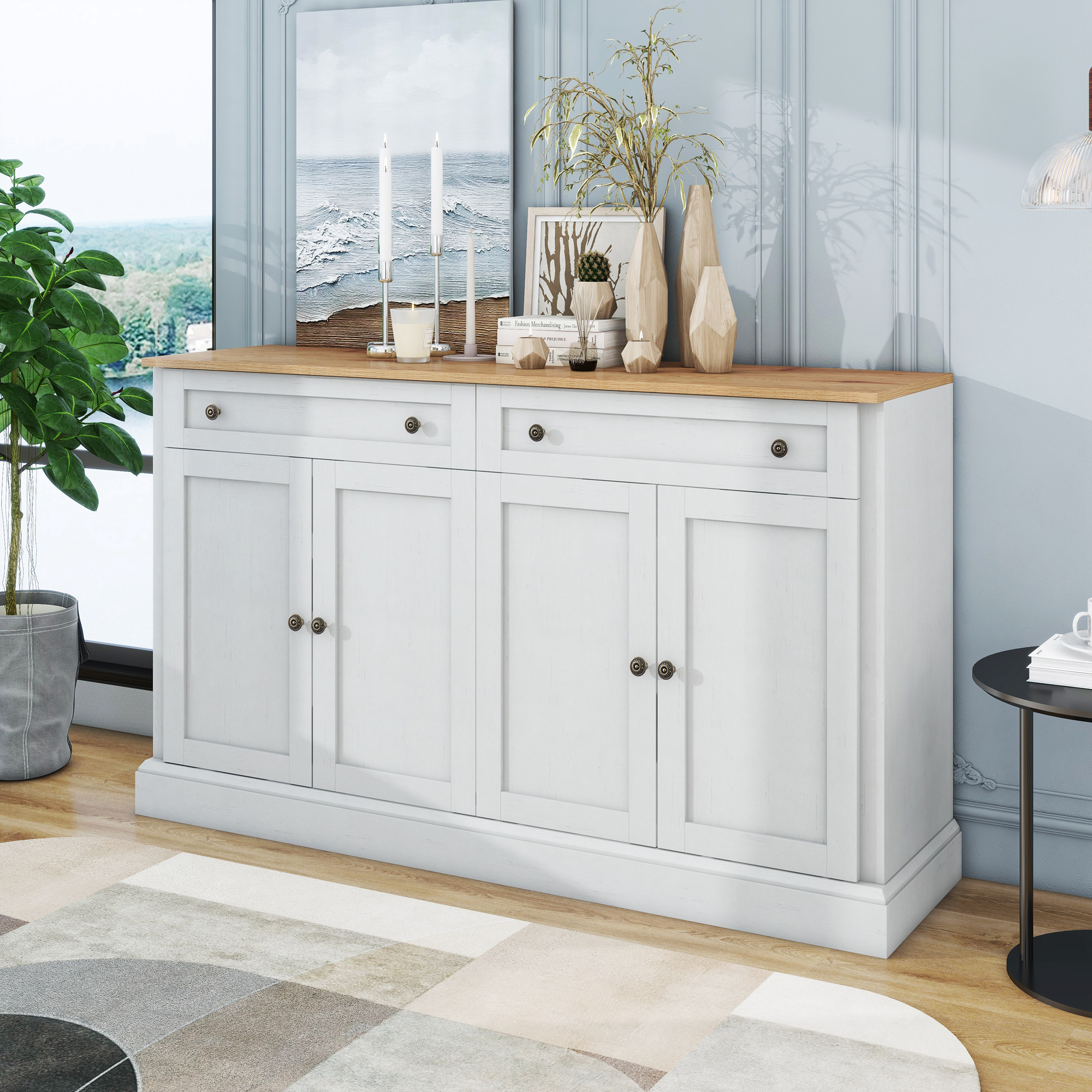 Buffet Moderne 4 Portes 2 Tiroirs Intégrés Étagères Réglables Meuble Rangement Salle À Manger Salon Blanc Bois Naturel