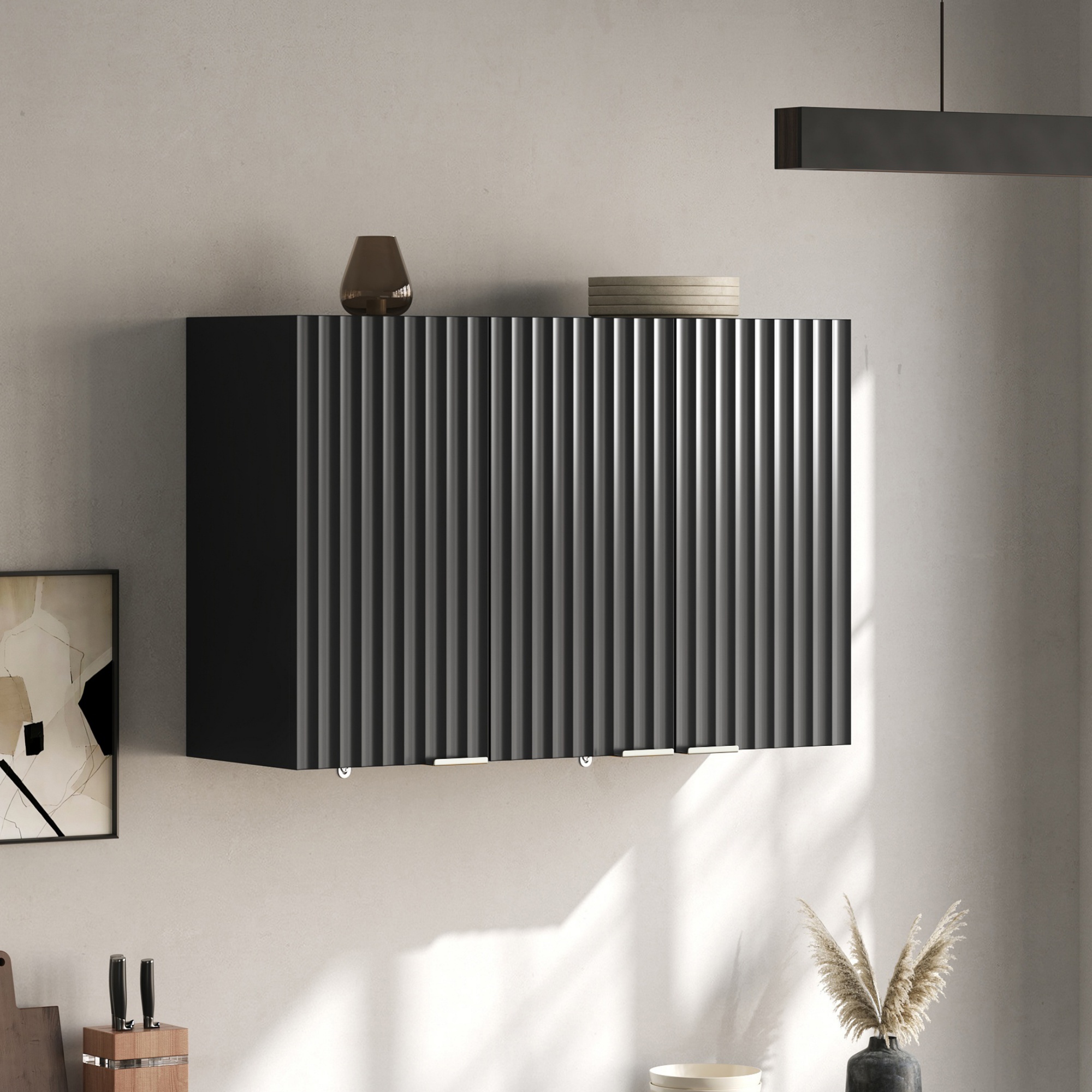 Armoire Murale Cuisine Noire 3 Portes, Meuble Suspendu Rangement Panneau composite de fibres de bois à densité 90x60x29 cm pour Salle de Bain et Salon