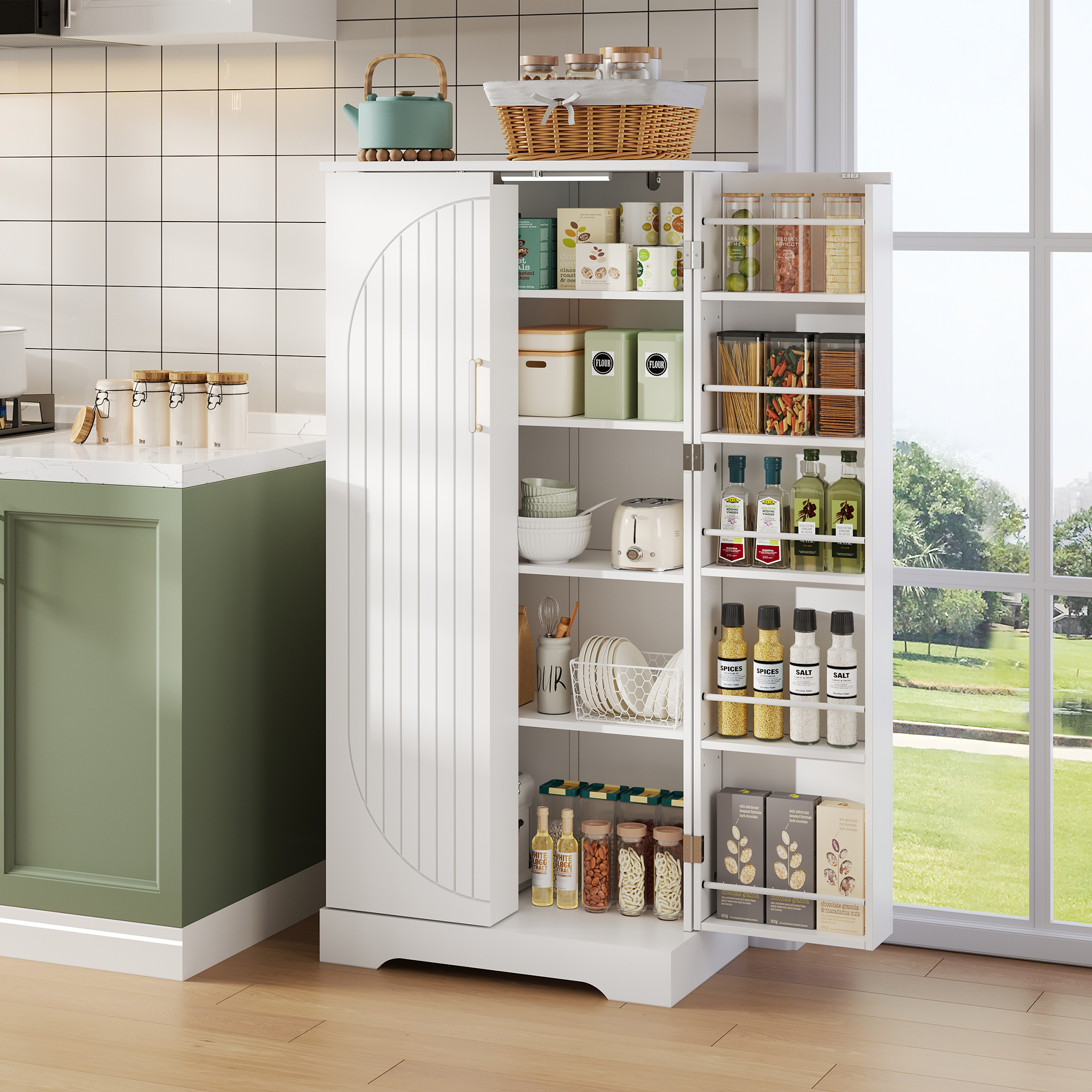 Buffet Cuisine Multifonctionnel Blanc, Meuble Vaisselle LED Intégré avec Portes et Étagères Réglables