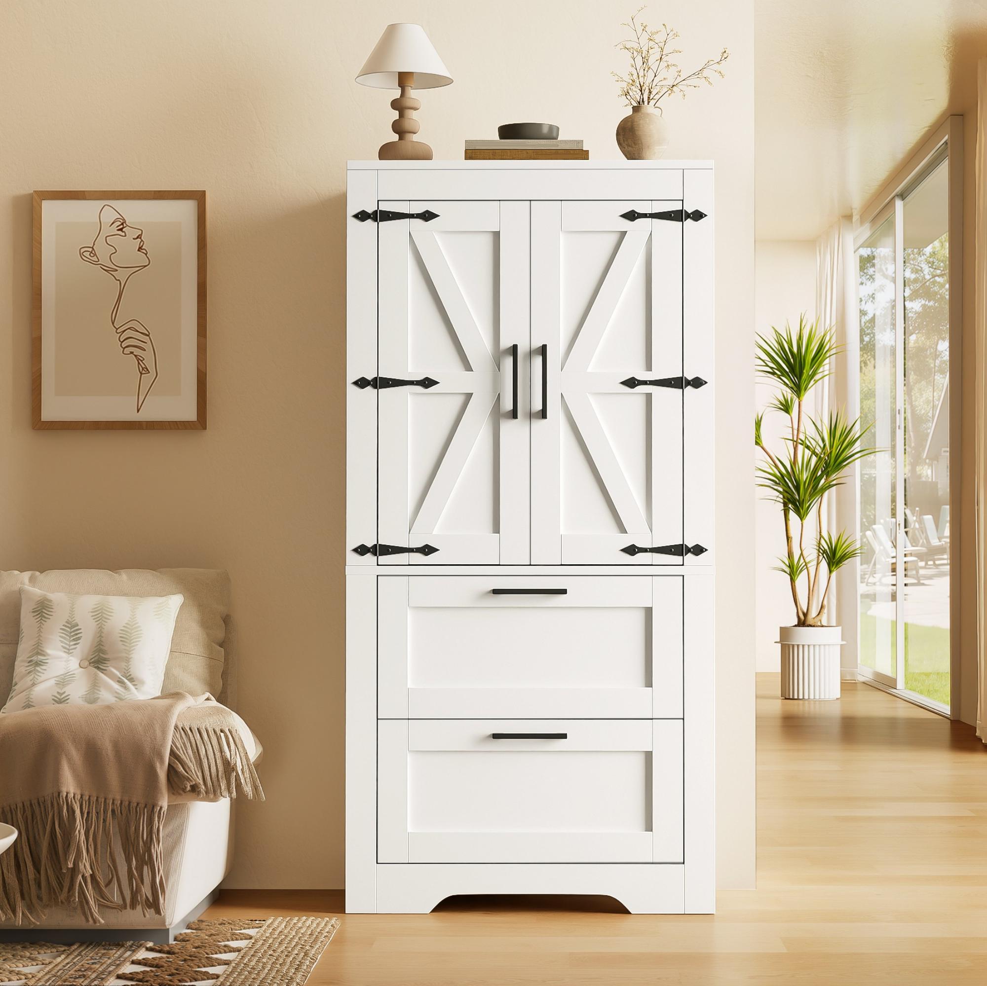 Buffet Cuisine Blanc 60cm avec 2 Tiroirs et Étagères Réglables, Meuble Vaisselier Salle à Manger Design Rustique Grange