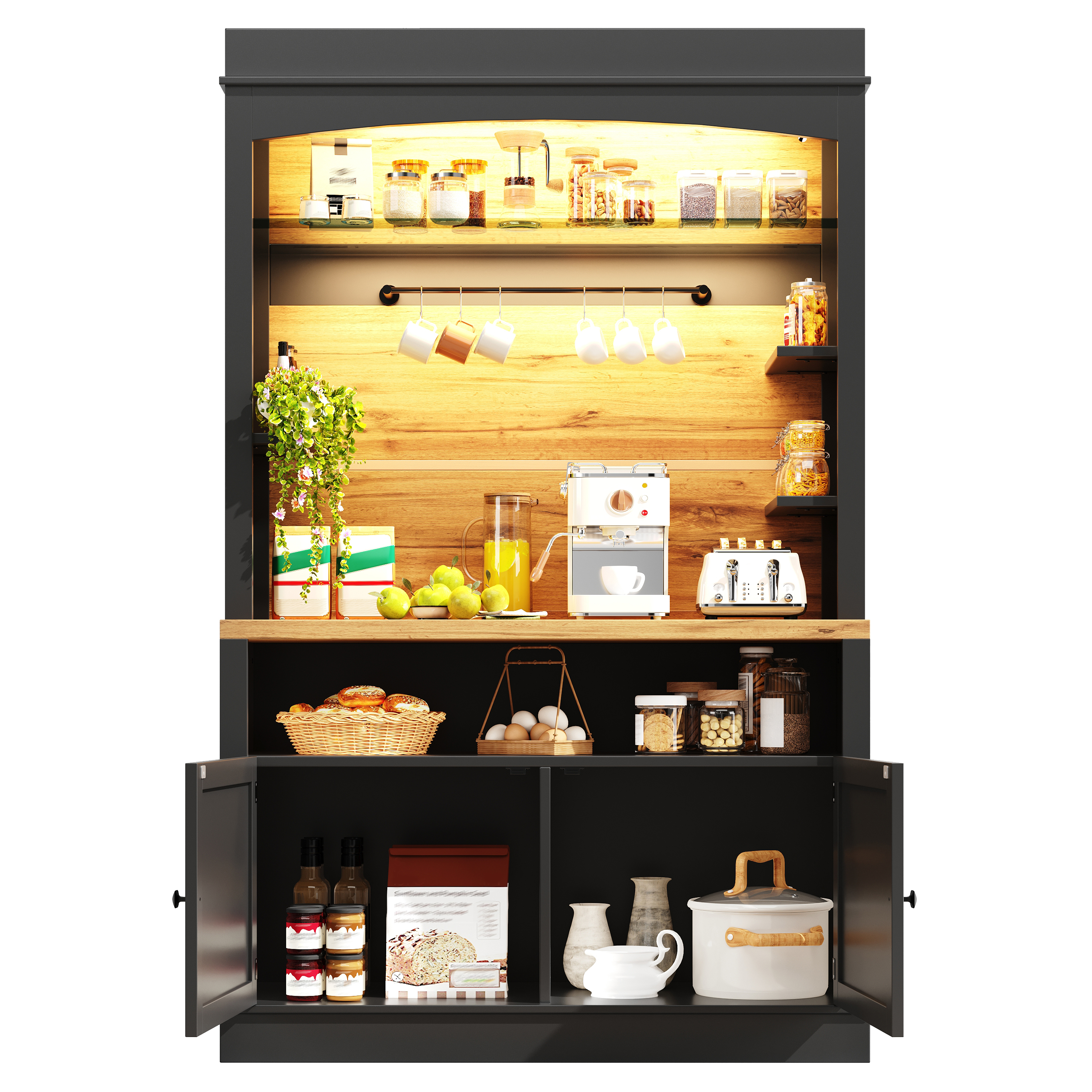 Buffet Haut 107x43x184 cm, Grand Meuble Rangement Cuisine avec Plaque de Travail et Rangements Multiples