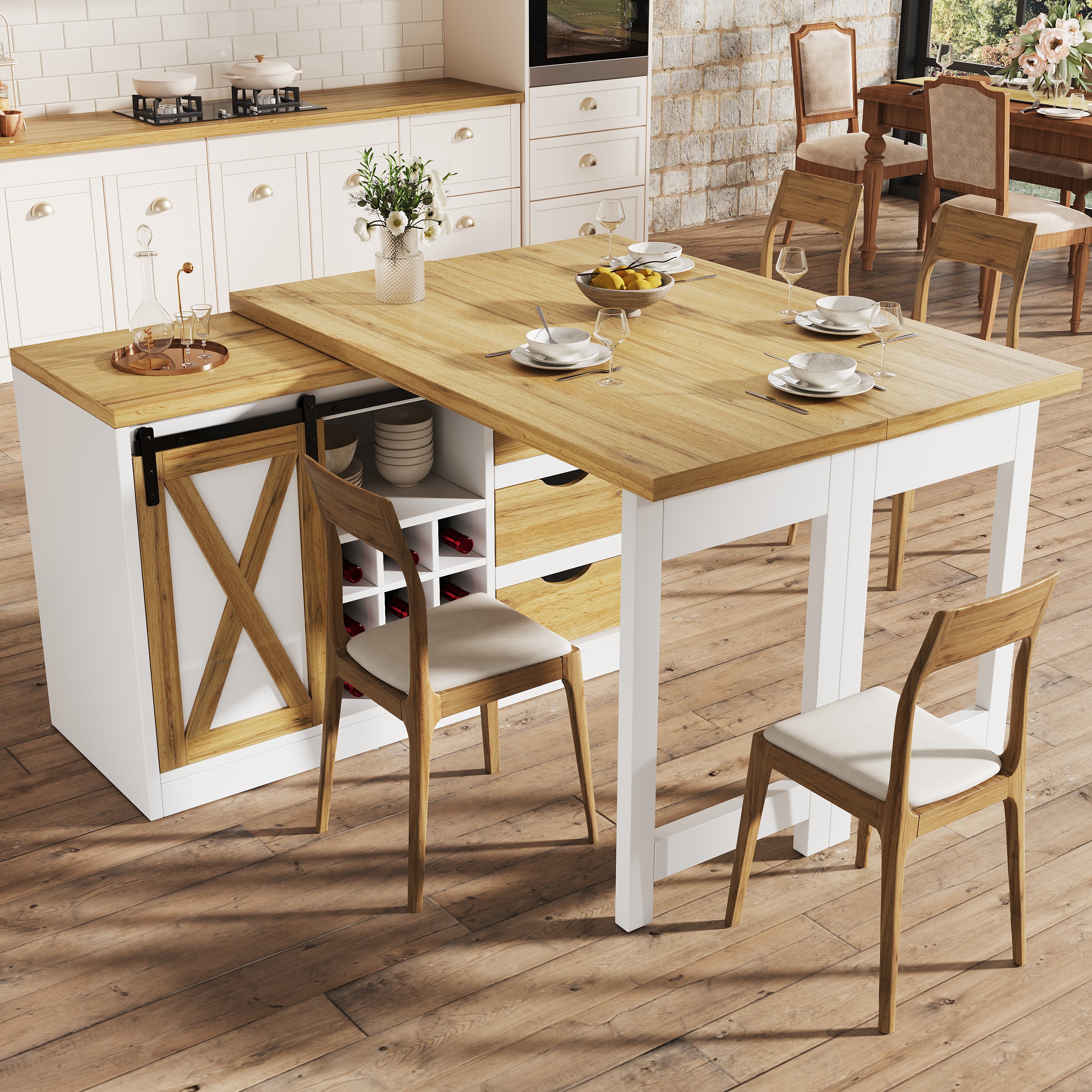 Buffet Table Extensible 120-197 cm, Îlot Cuisine Mobile avec 3 Tiroirs, Étagères Réglables et Support Bouteilles Vin Intégré