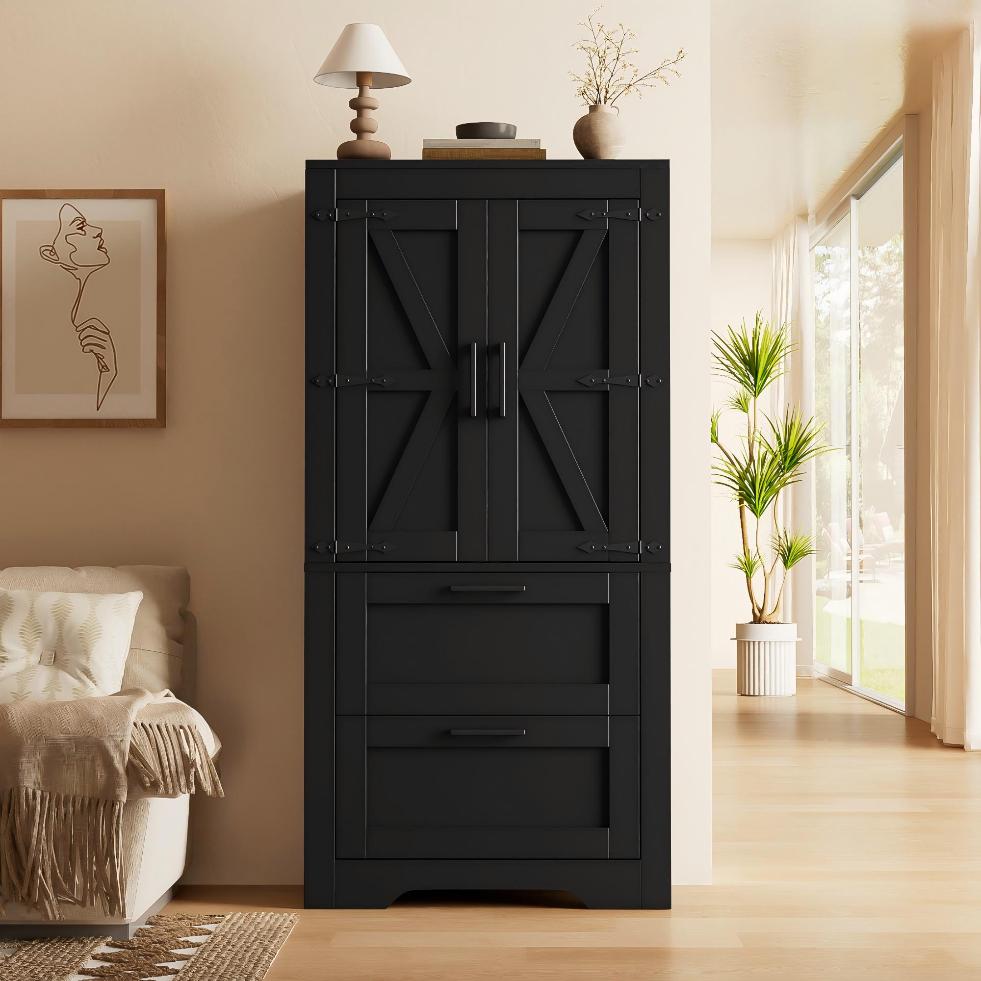 Buffet Style Ferme Noir Avec 2 Tiroirs Et Portes Coulissantes, Meuble De Rangement Multifonction Pour Vaisselle Et Décoration