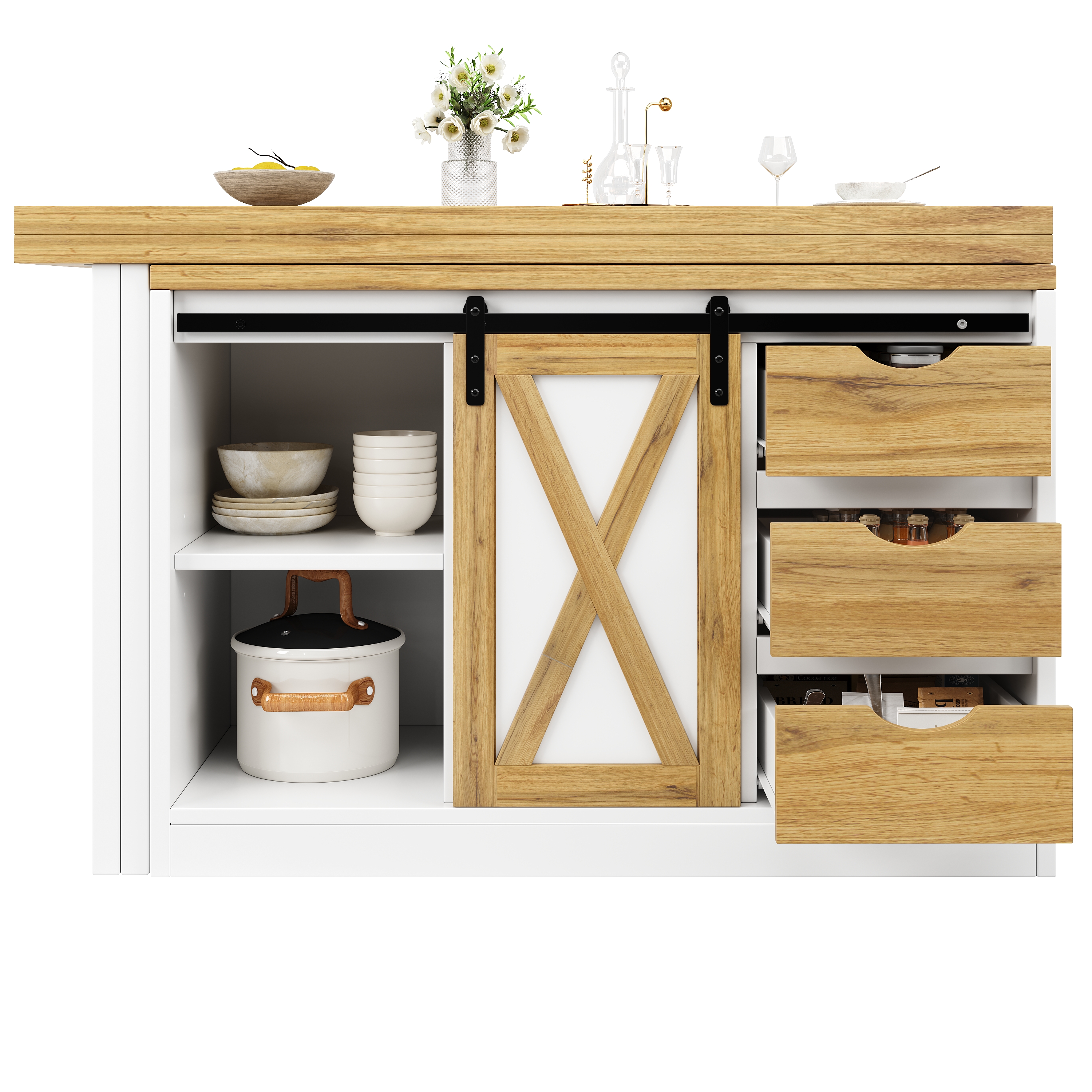 Buffet Table Extensible 120-197 cm, Îlot Cuisine Mobile avec 3 Tiroirs, Étagères Réglables et Support Bouteilles Vin Intégré