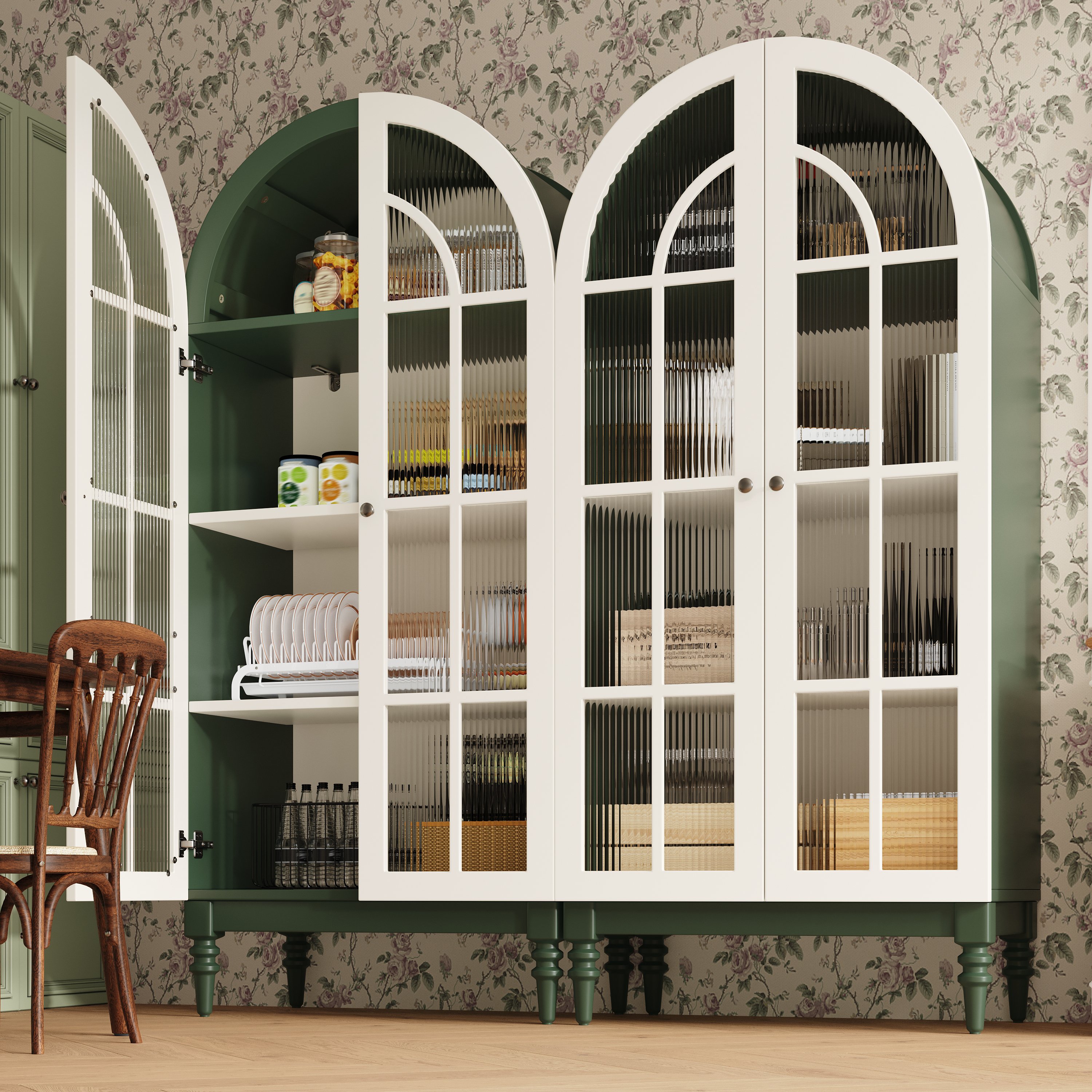 Buffet de cuisine 165 cm avec Éclairage LED, Double Porte Verre Givré Anti-poussière, 3 Étagères Spacieuses pour Vaisselle