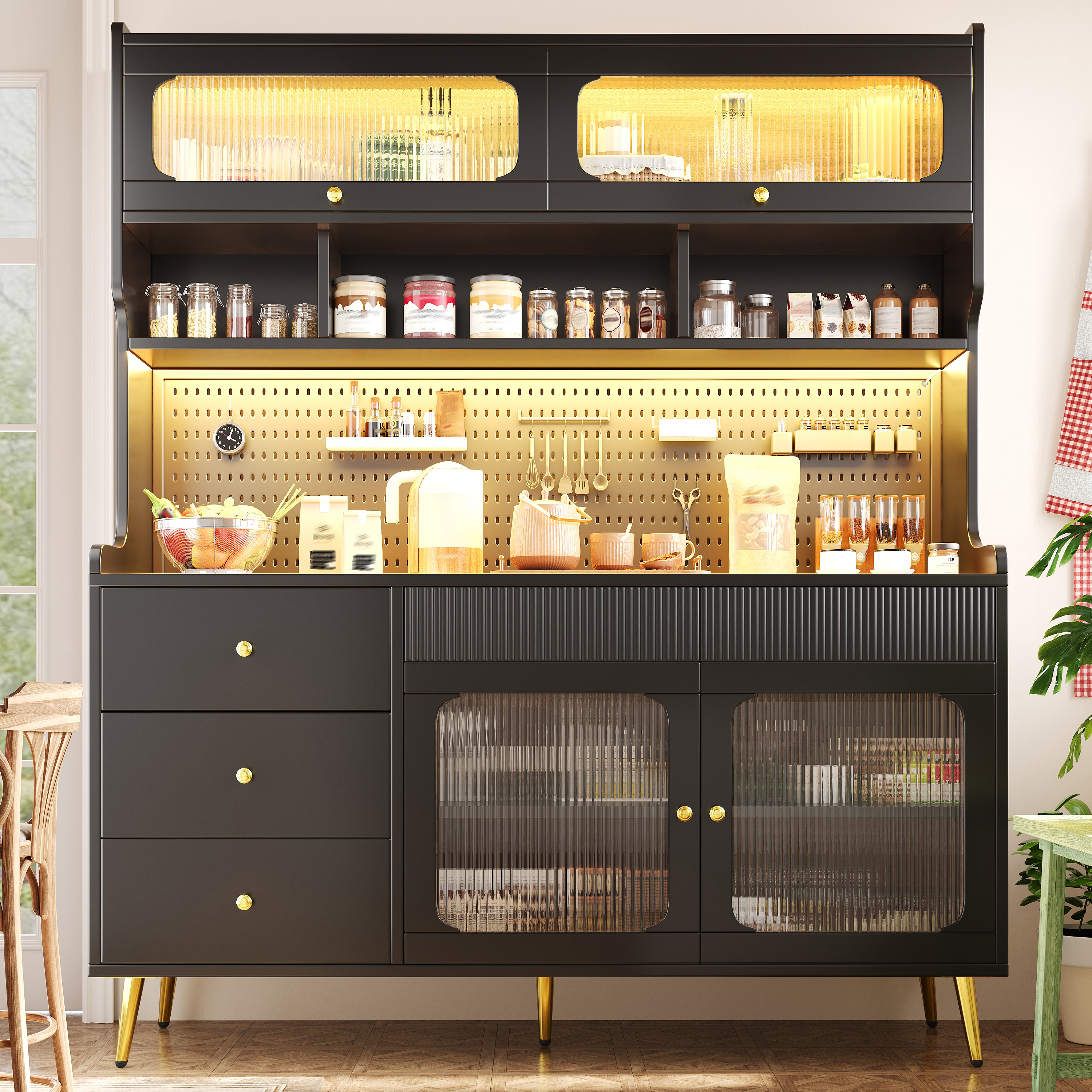 Buffet de cuisine noir 145x39x171 cm, meuble haut avec éclairage LED intégré et portes en verre flûté