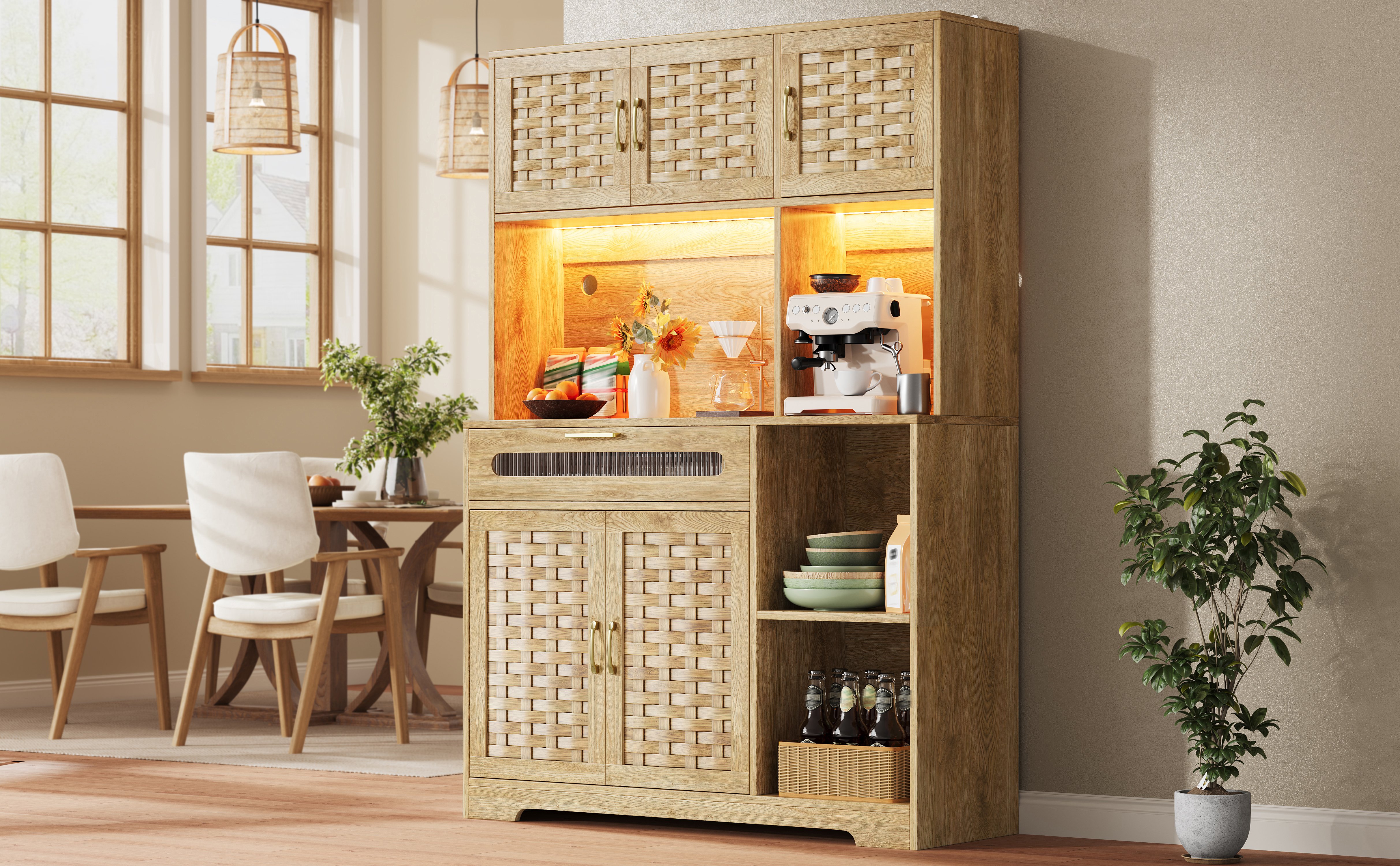 Buffet Grand Format 120x40x180 cm, Meuble Rangement Cuisine avec LED, USB, Tiroirs, Charge Max 60kg, Montage 60 Min