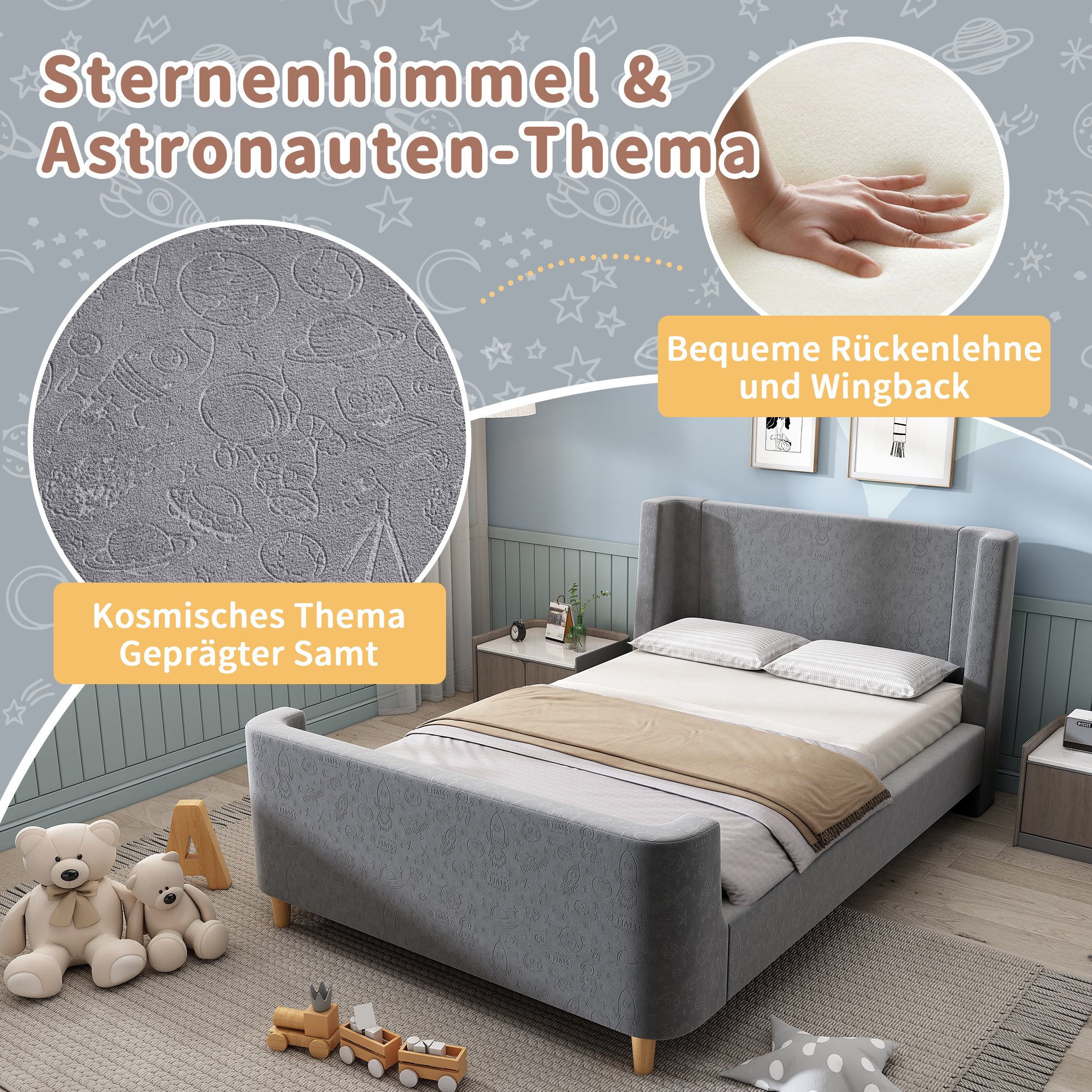 Lit enfant 90x200 cm avec sommier à lattes intégré, design traîneau gris et velours doux pour chambre