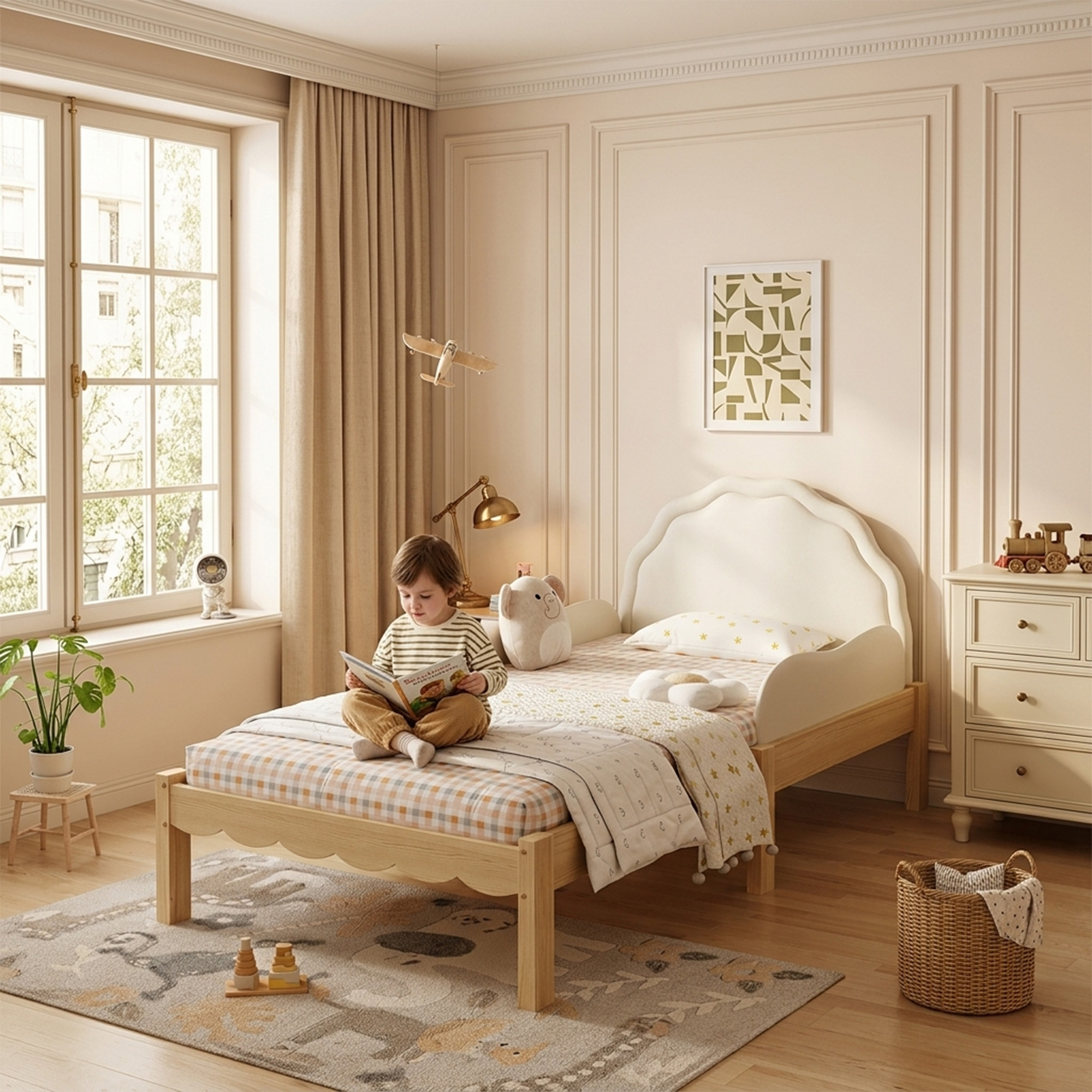 Lit enfant sécurisé avec barrière de protection, tête rembourrée en PU, sommier à lattes, 90x200cm, beige